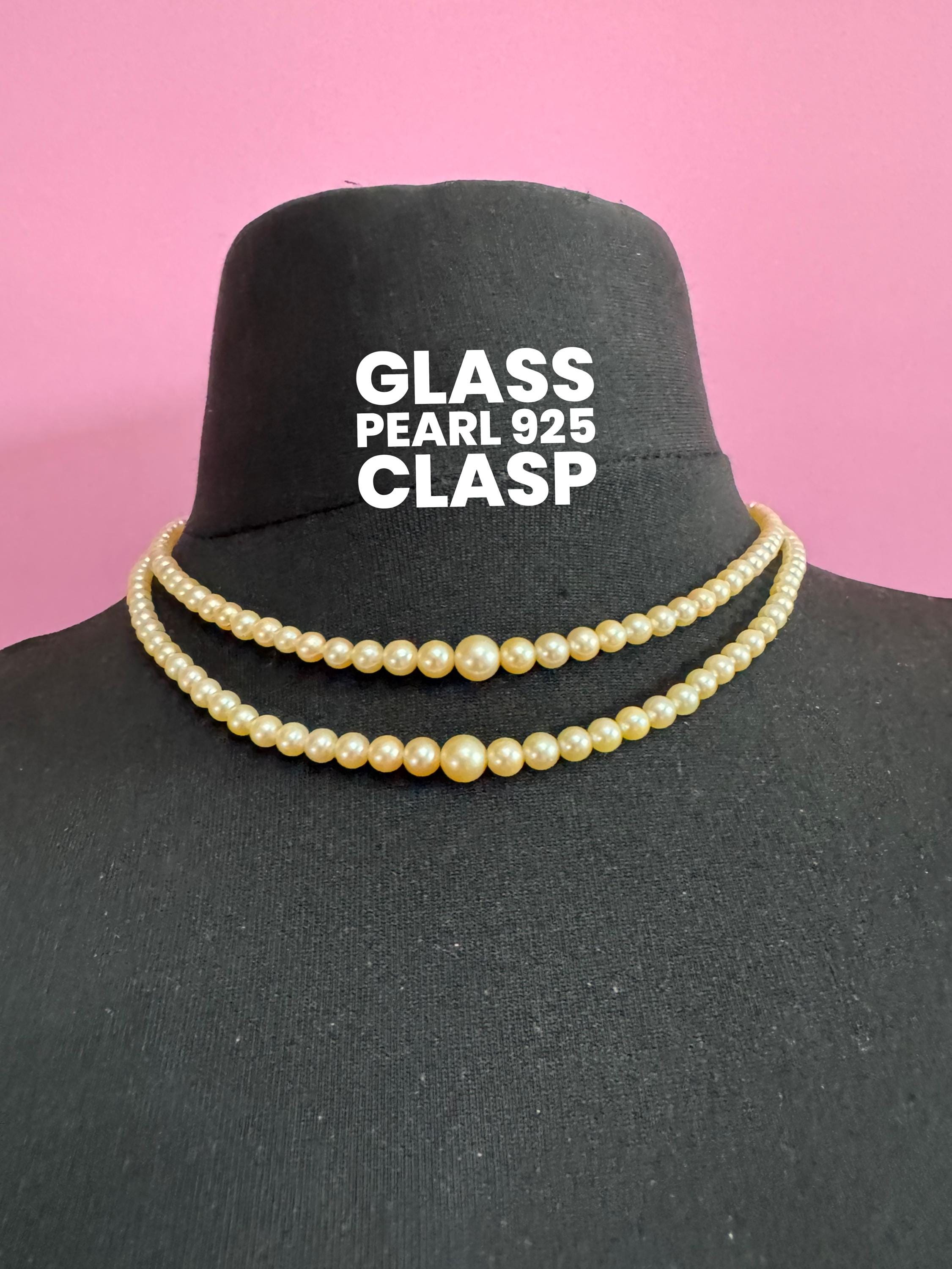 vintage 2 row cream glass pearl necklace with ornate 925 sterling silver clasp 43cm