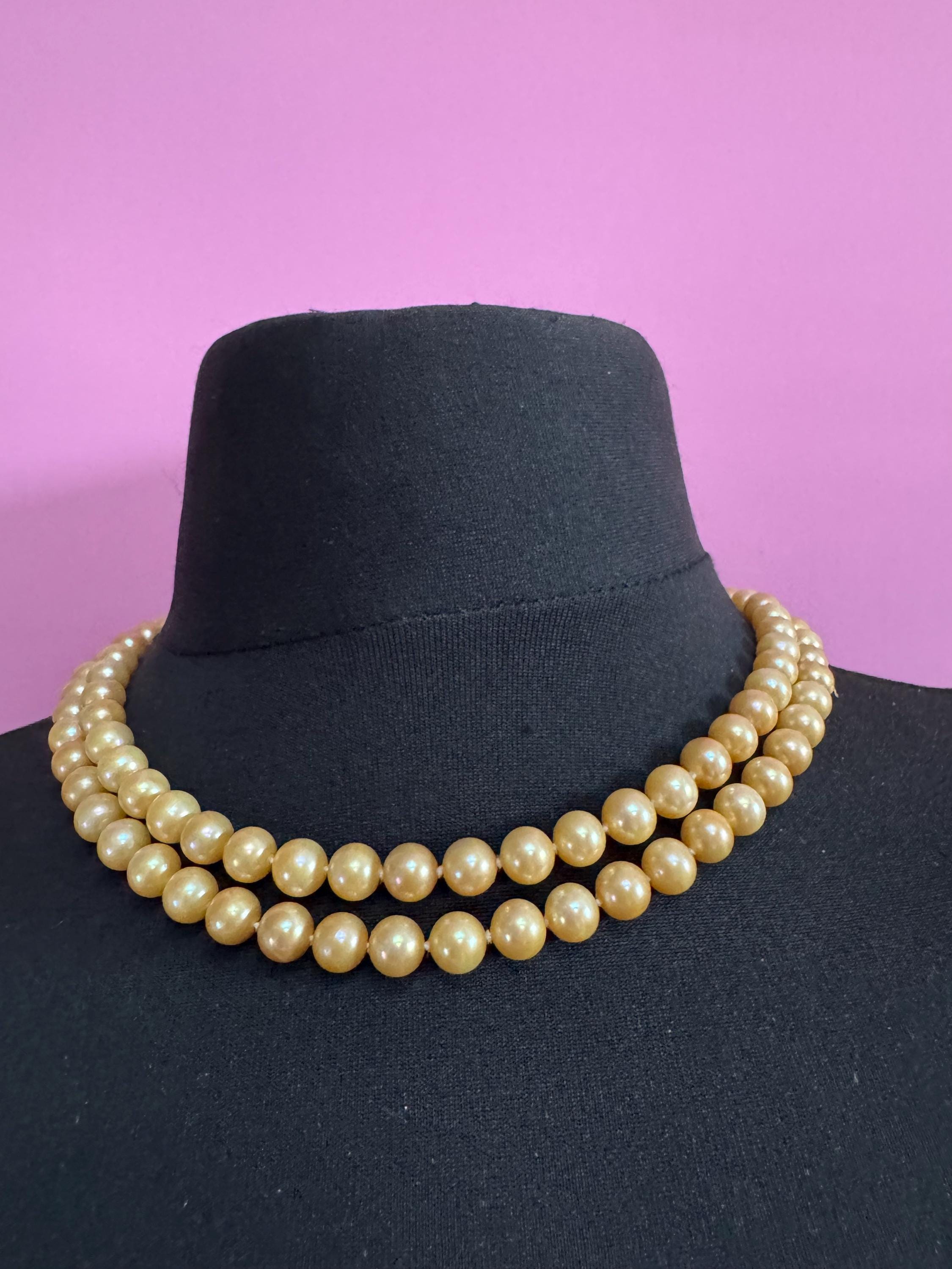 vintage 2 row yellow cream glass pearl necklace with ornate 925 sterling silver clasp 48cm