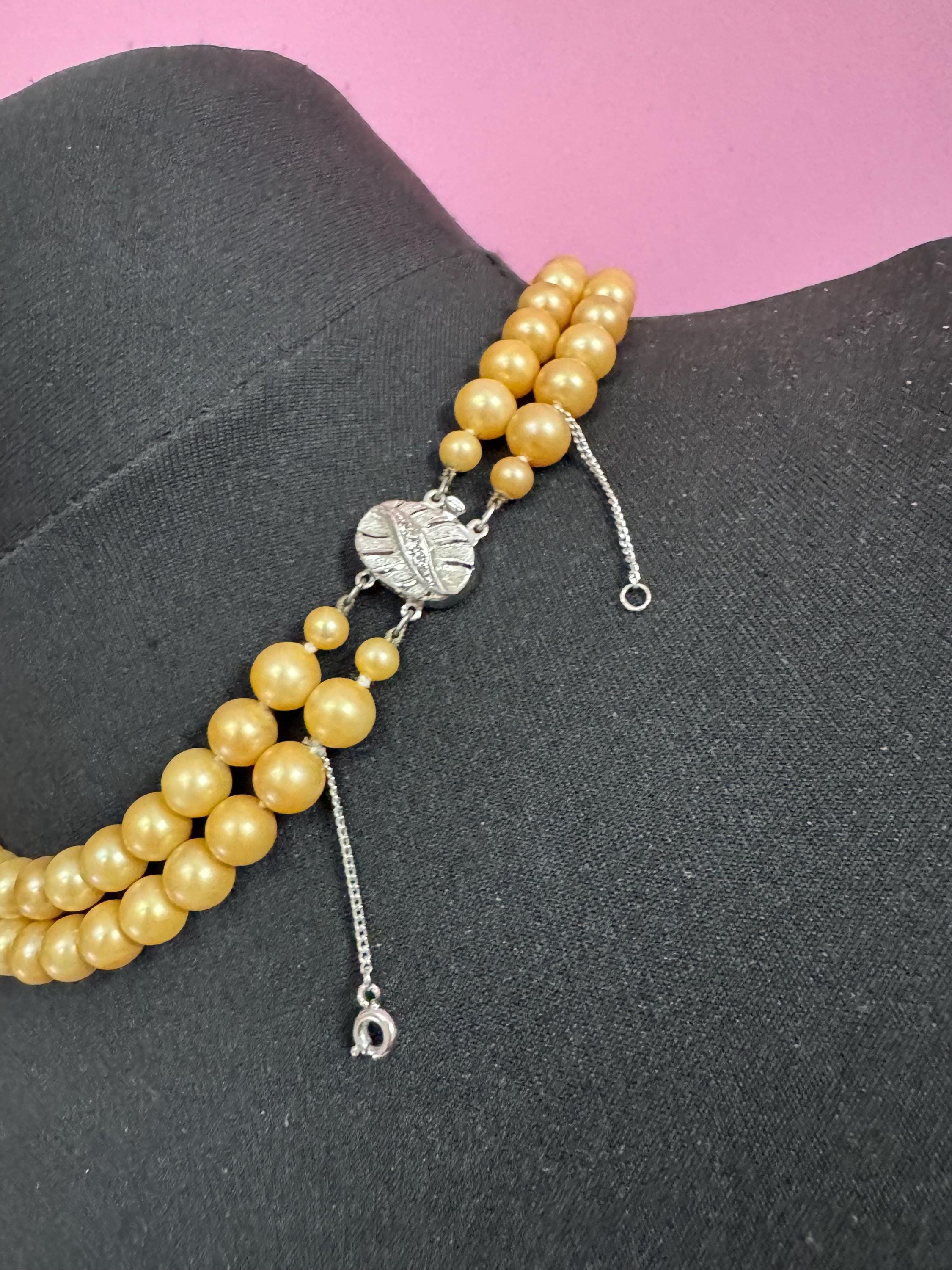 vintage 2 row yellow cream glass pearl necklace with ornate 925 sterling silver clasp 48cm
