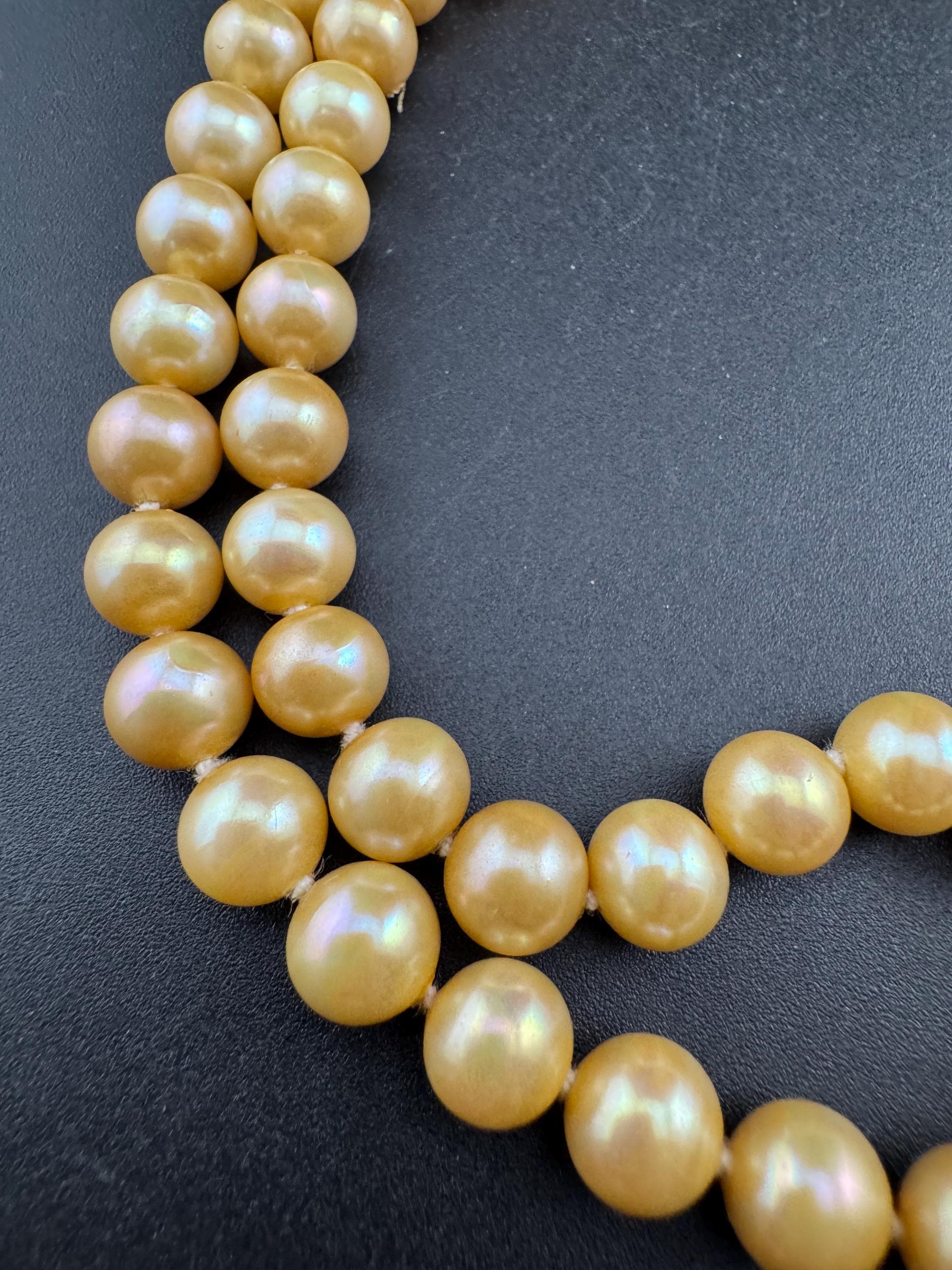 vintage 2 row yellow cream glass pearl necklace with ornate 925 sterling silver clasp 48cm