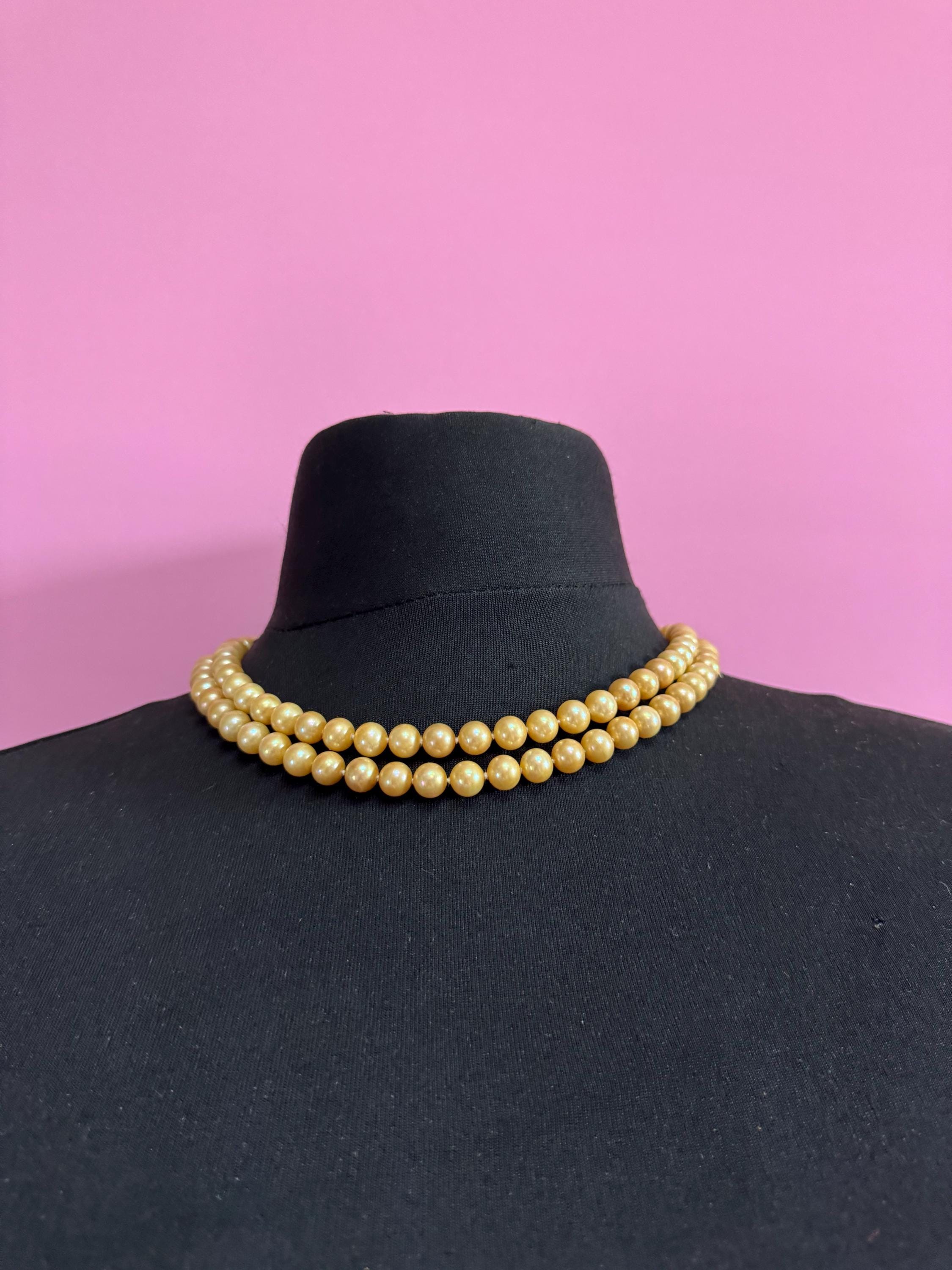 vintage 2 row yellow cream glass pearl necklace with ornate 925 sterling silver clasp 48cm