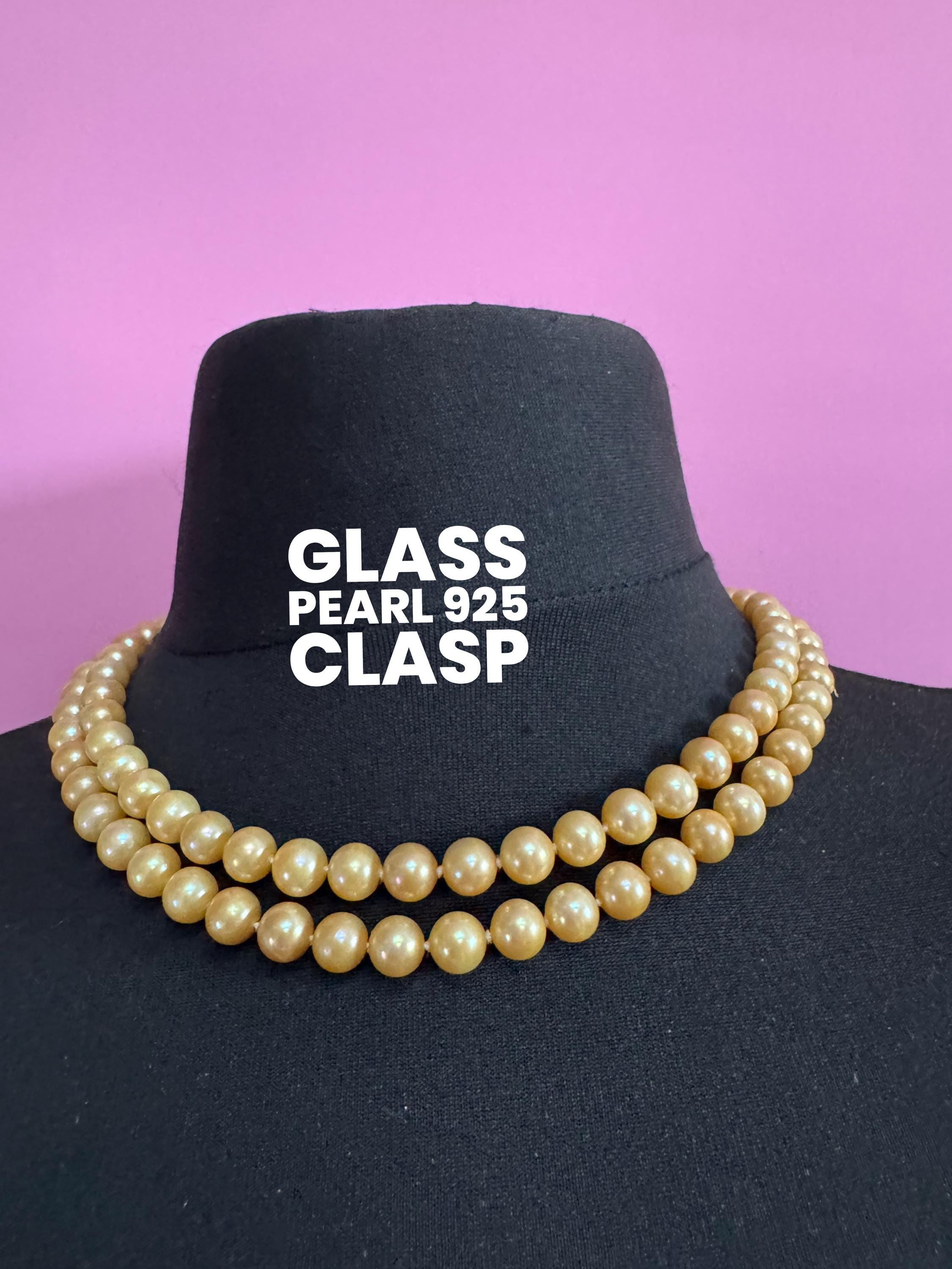 vintage 2 row yellow cream glass pearl necklace with ornate 925 sterling silver clasp 48cm