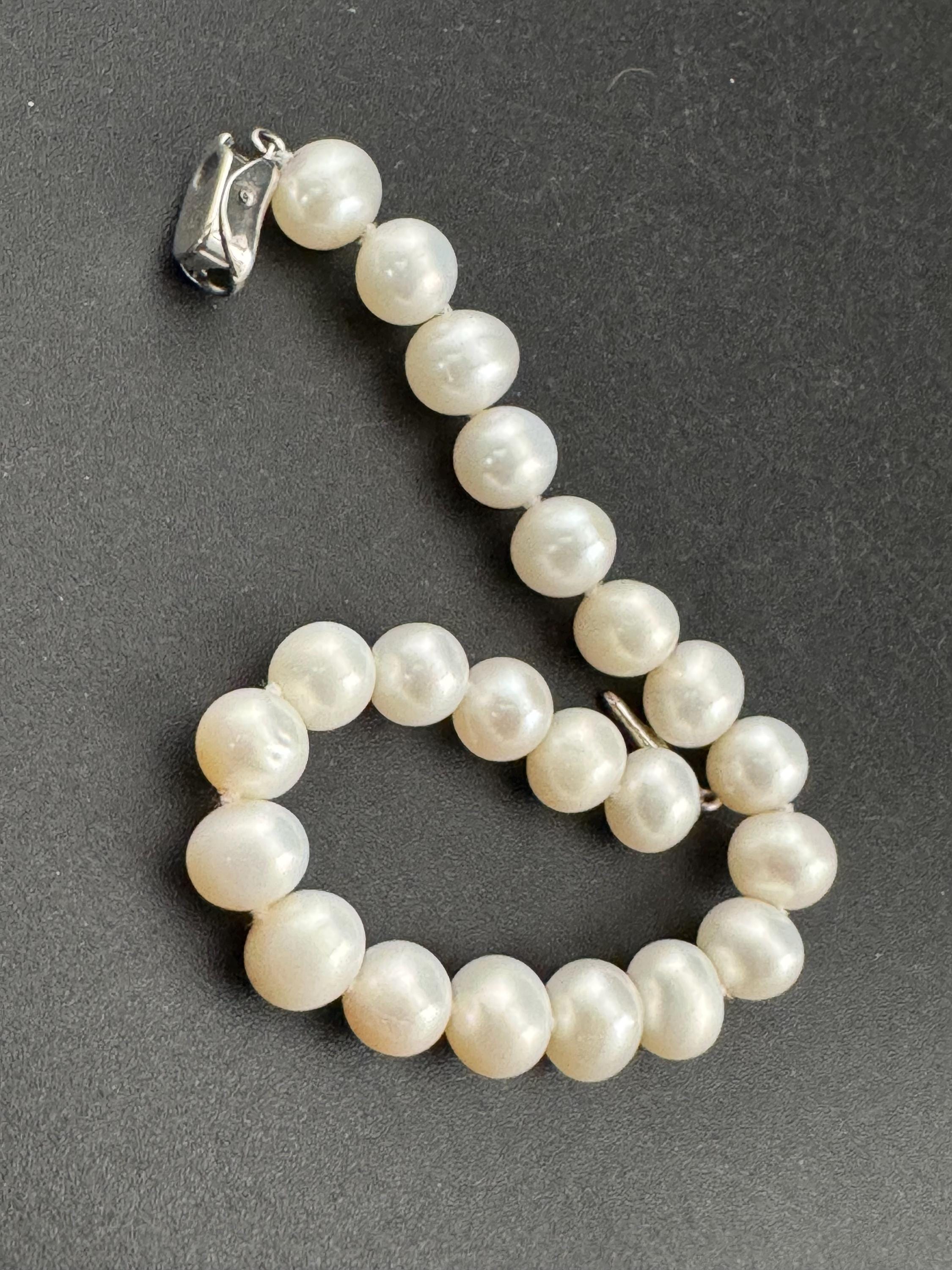 Vintage 925 sterling silver clasp modernist genuine white freshwater pearl beaded bracelet 19.5cm