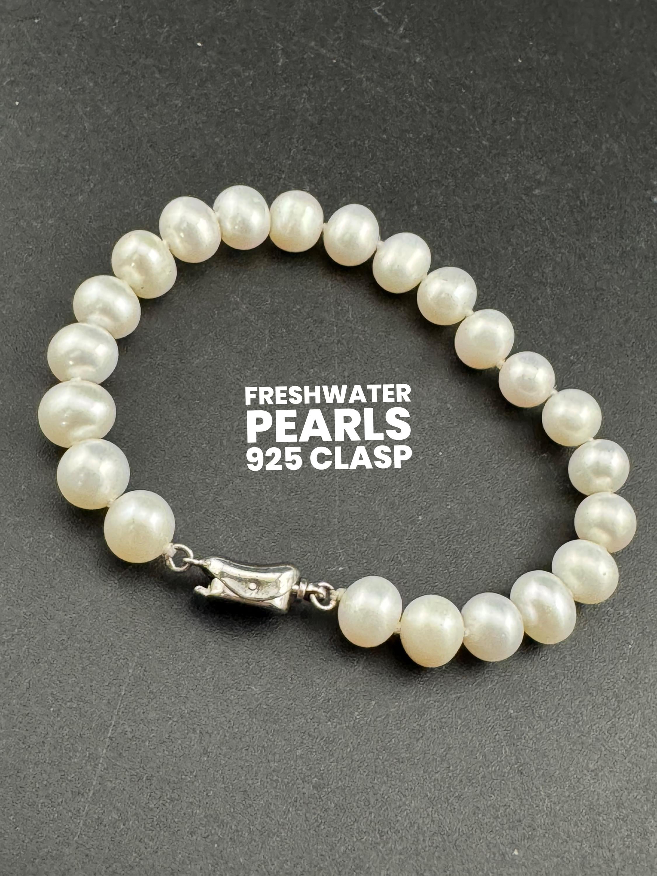 Vintage 925 sterling silver clasp modernist genuine white freshwater pearl beaded bracelet 19.5cm