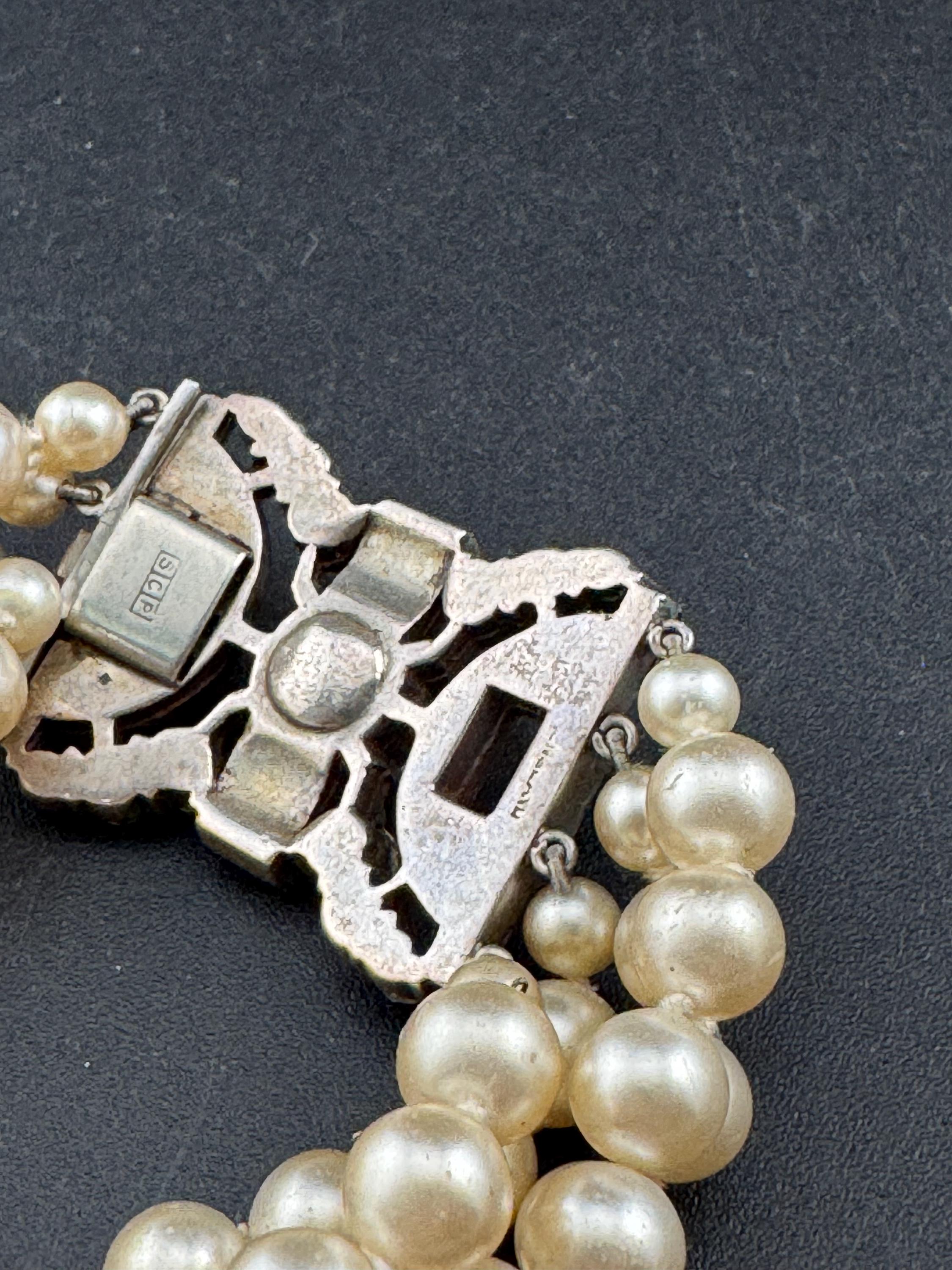 Vintage Ciro Faux Pearl Multistrand Bracelet: Sterling Silver Rhinestone Clasp