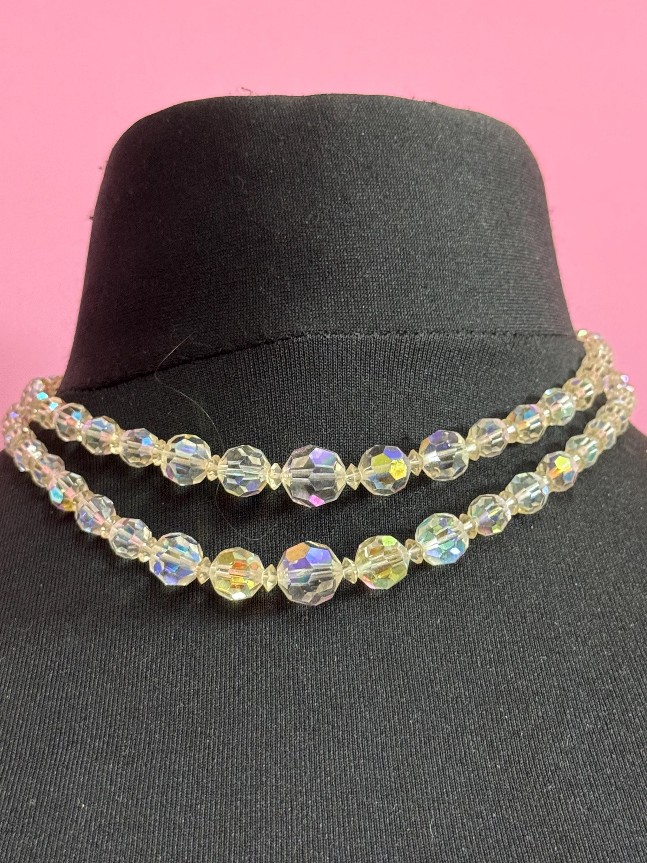 Art Deco clear AB rainbow Aurora borealis glass Crystal 2 row double strand beaded collar necklace