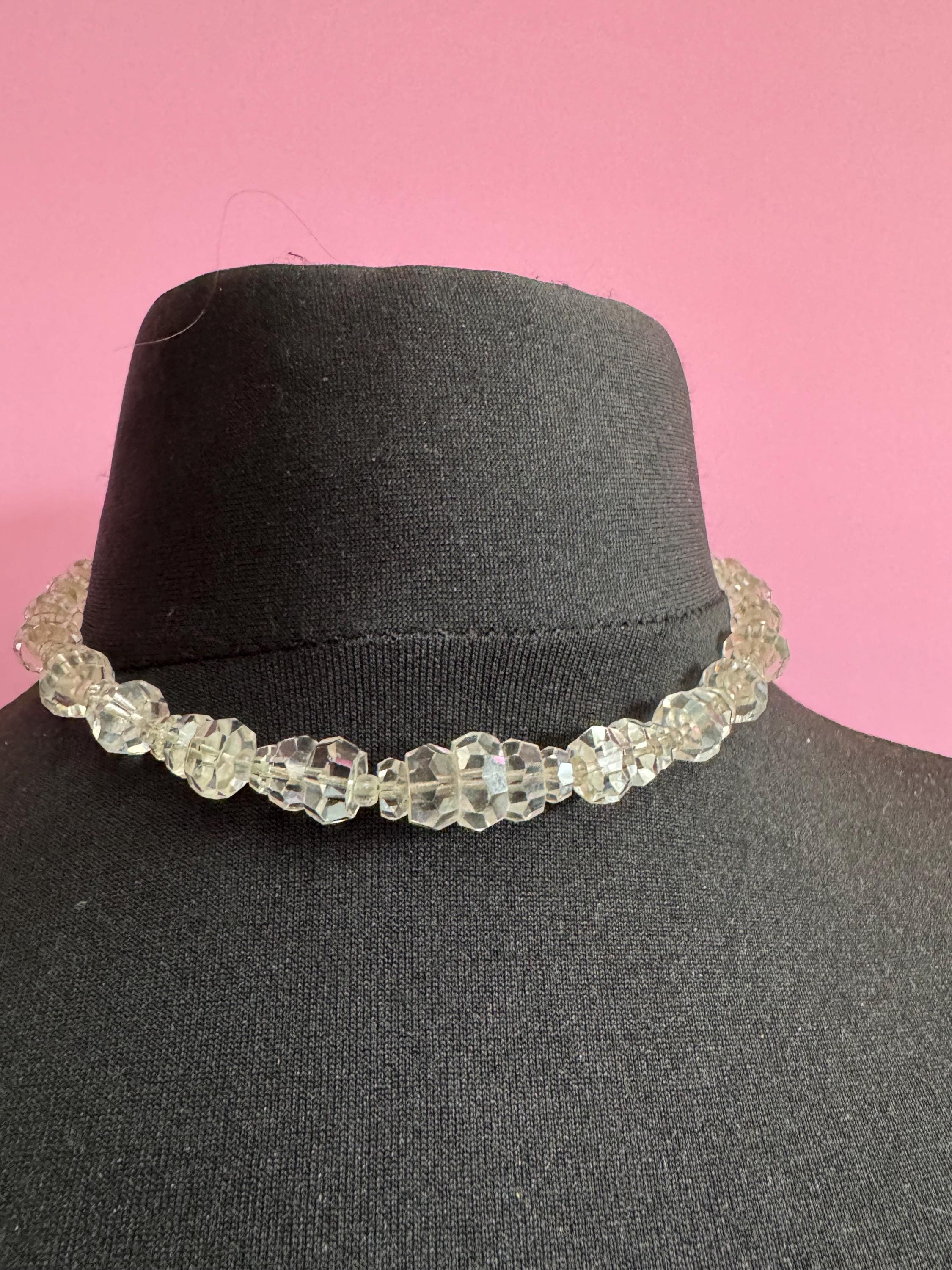 Vintage Art Deco clear cut glass Crystal beaded necklace 43cm 1930s