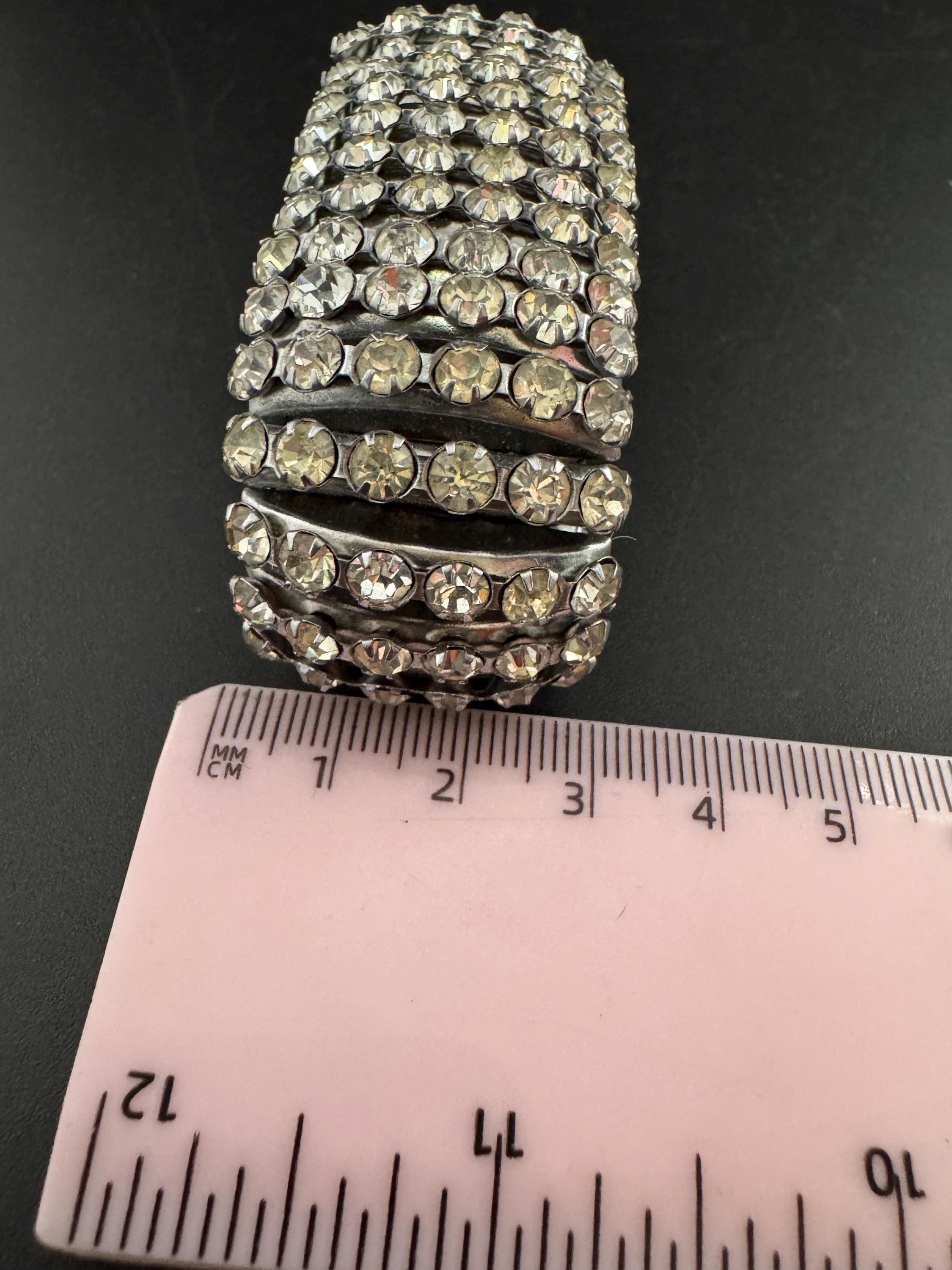 Vintage clear Diamanté expanding silver tone 3cm wide rhinestone set cocktail Bracelet stretch