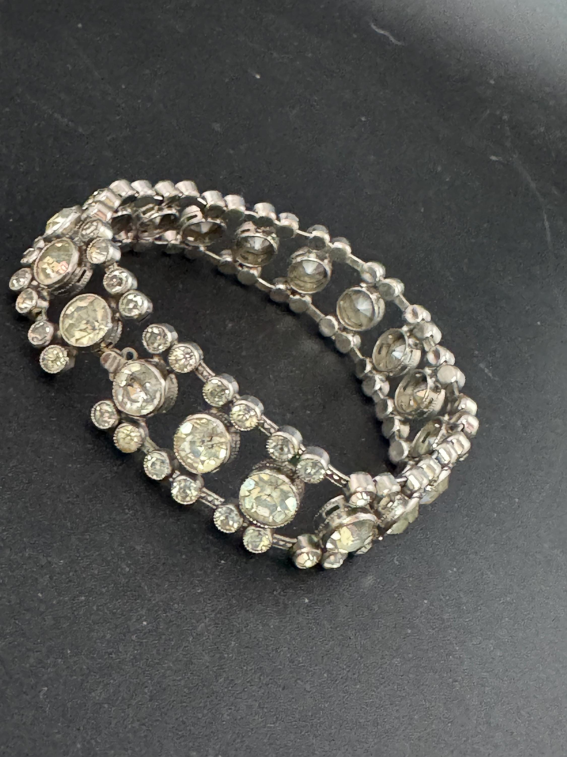 Vintage 15mm wide clear bezel set Diamanté silver tone rhinestone cocktail Bracelet 19cm