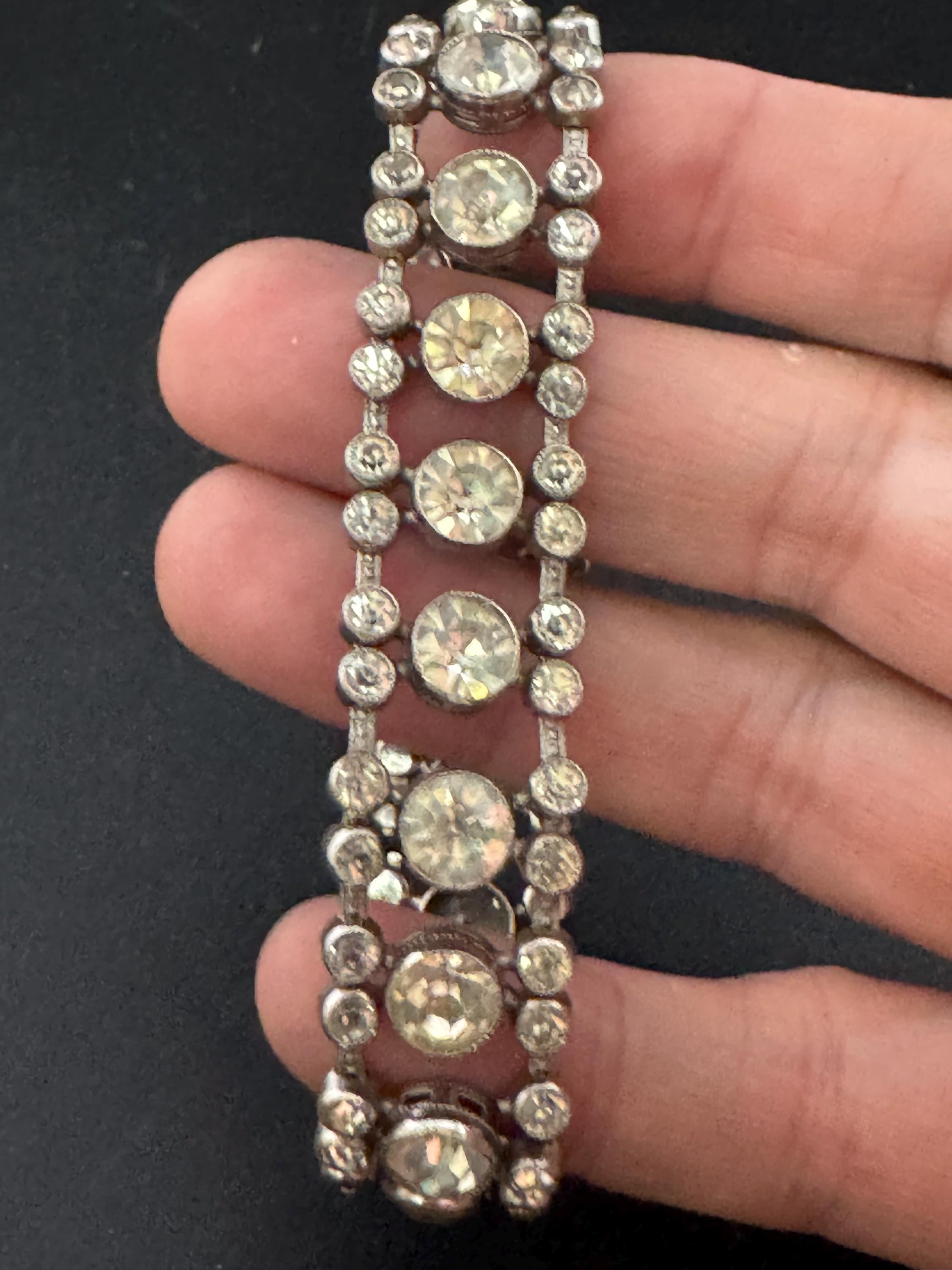Vintage 15mm wide clear bezel set Diamanté silver tone rhinestone cocktail Bracelet 19cm