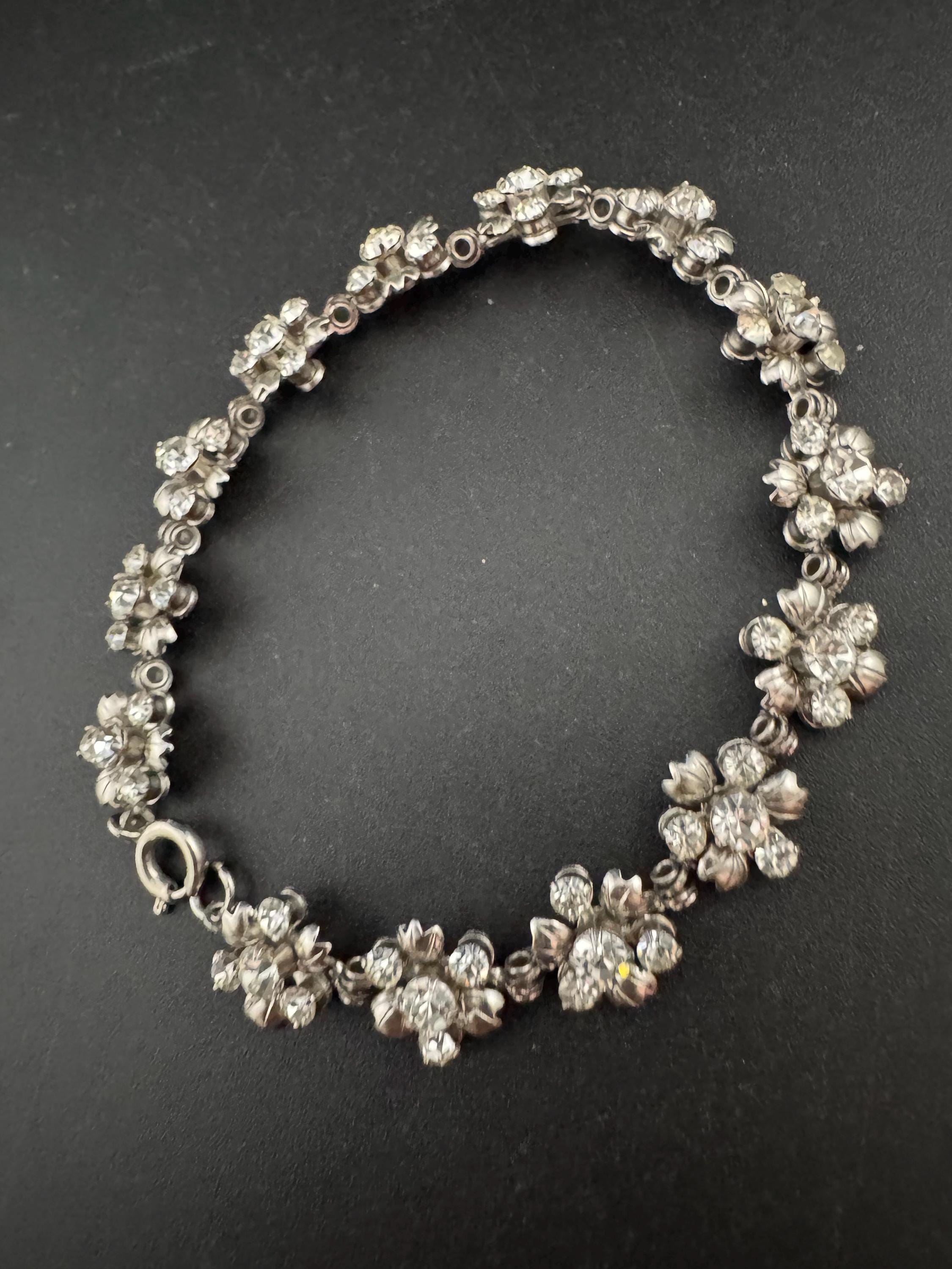 Vintage dainty clear diamanté Crystal fliral chrome panel link silver tone tennis bracelet