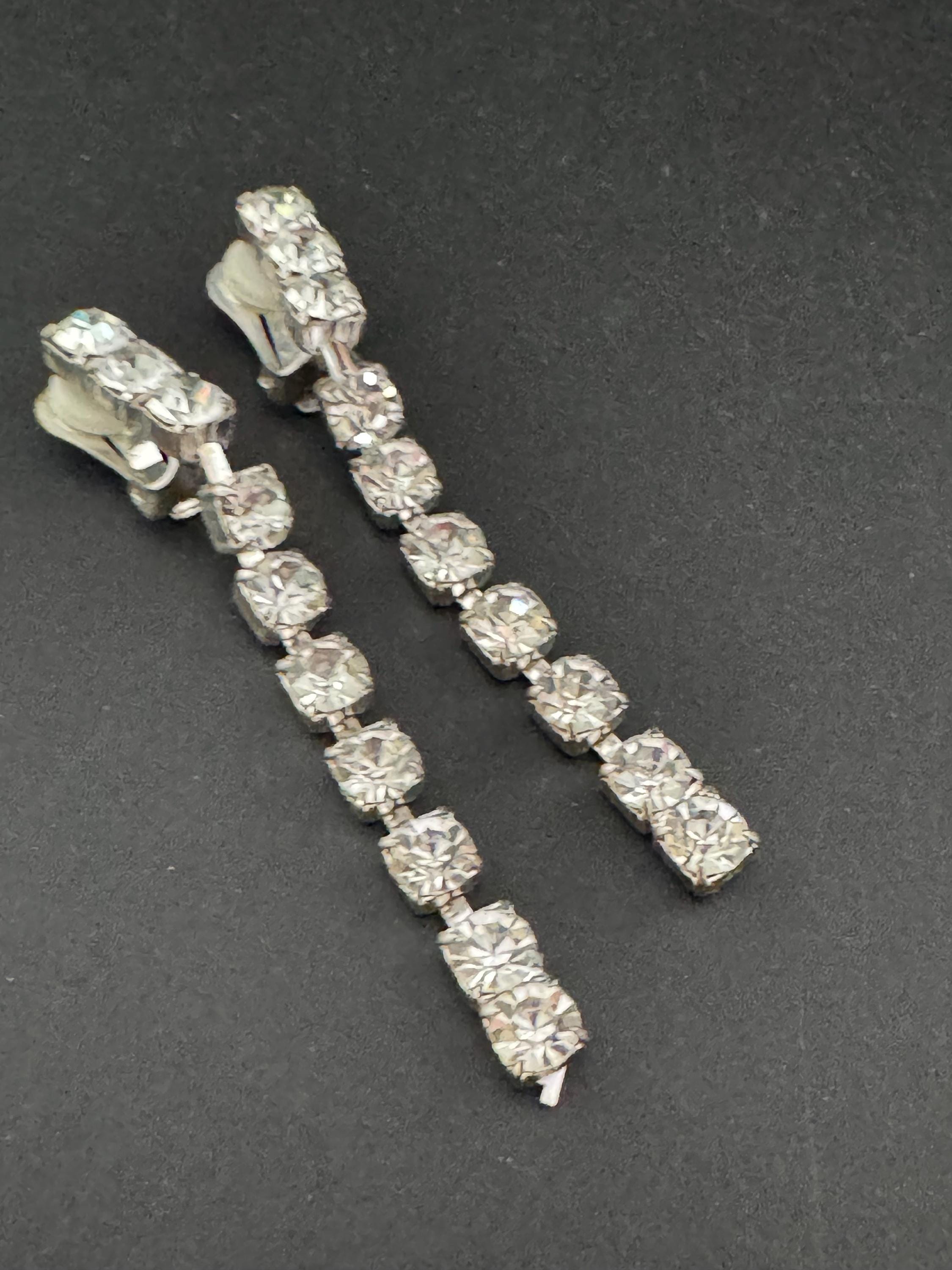 Vintage Clear Diamanté long 7cm Drop Paste rhinestone Clip On Earrings