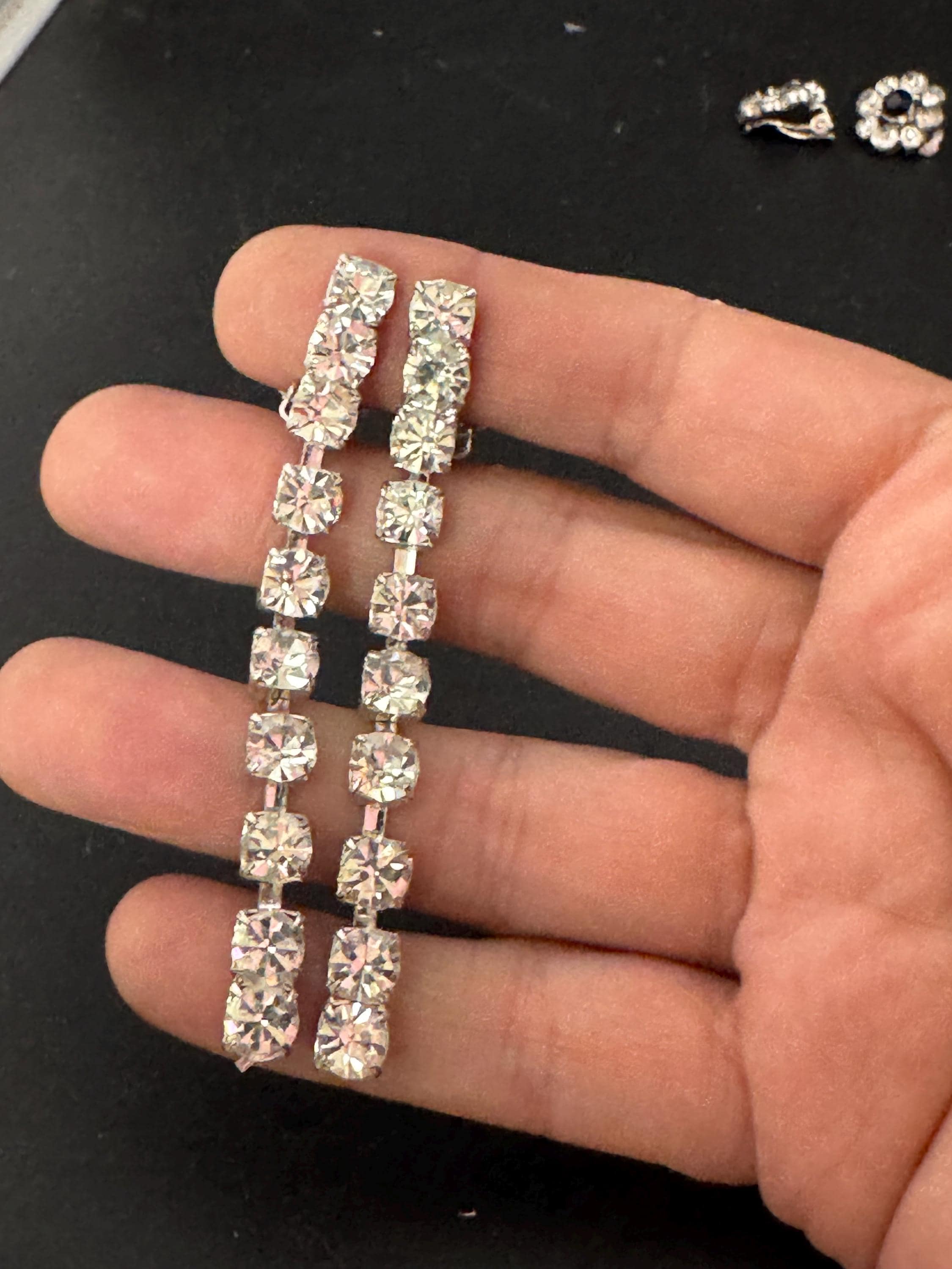 Vintage Clear Diamanté long 7cm Drop Paste rhinestone Clip On Earrings