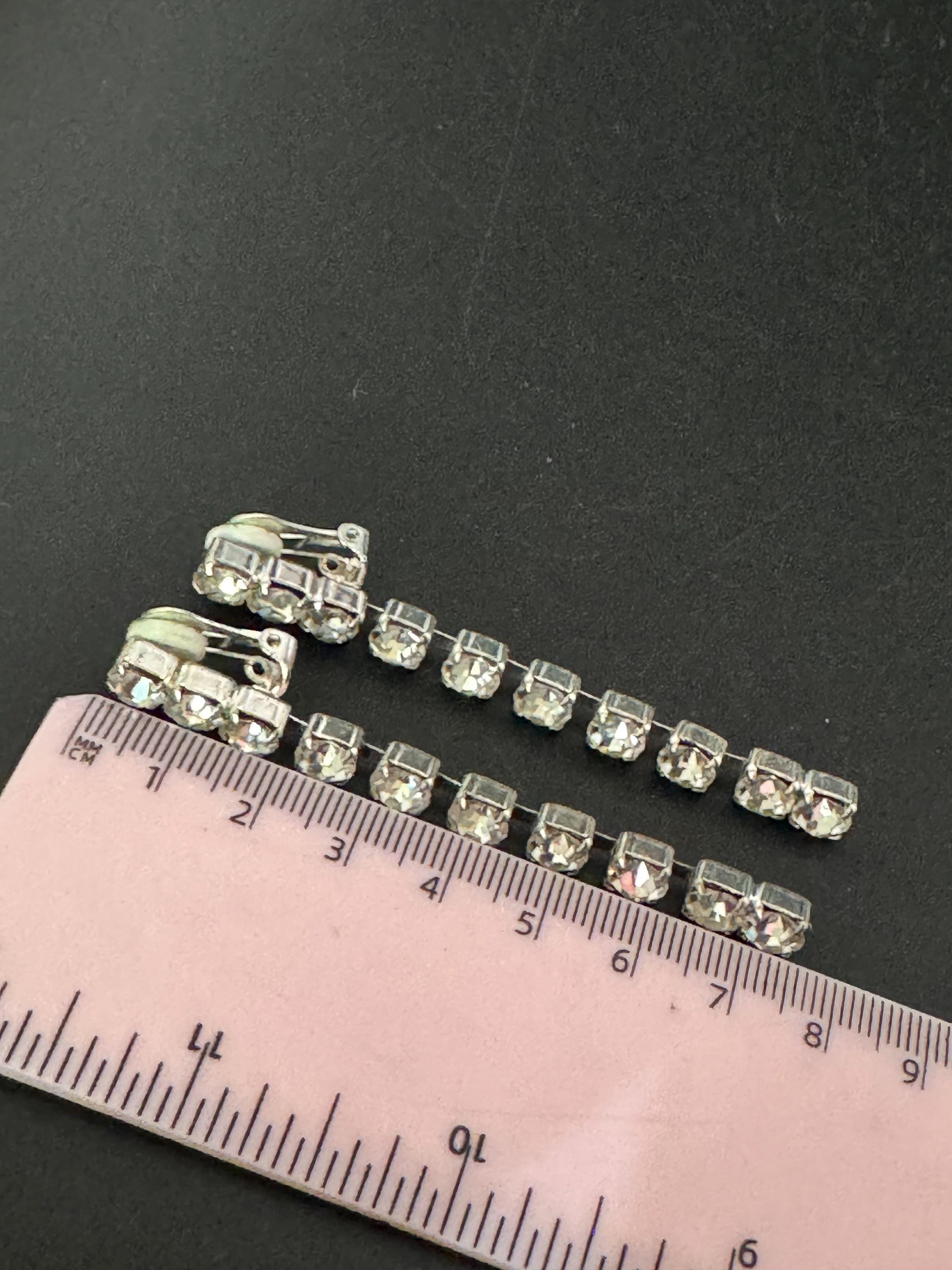 Vintage Clear Diamanté long 7cm Drop Paste rhinestone Clip On Earrings