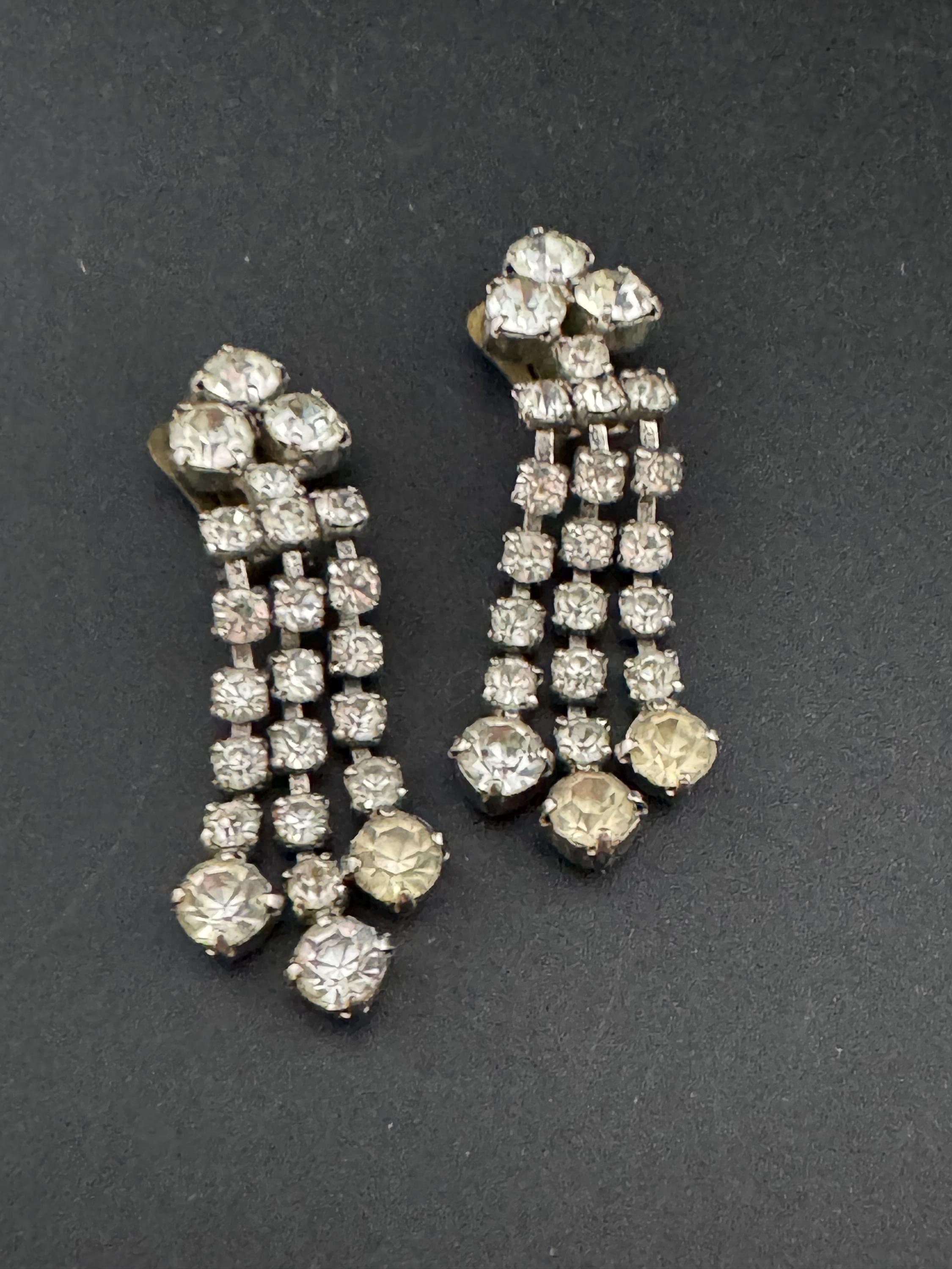 Vintage Clear Diamanté long 5.5cm Drop Paste rhinestone Clip On Earrings