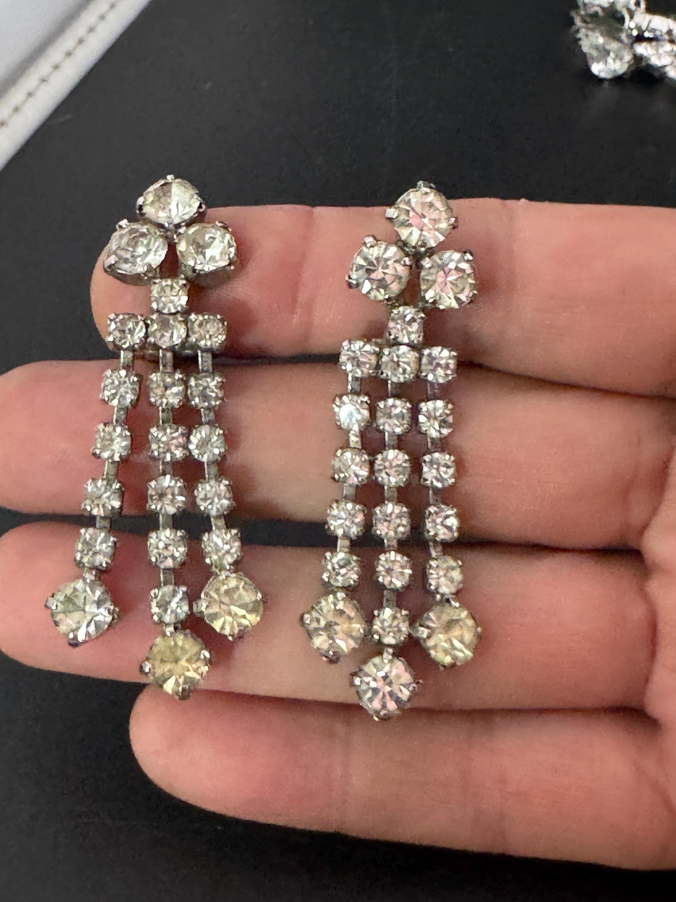 Vintage Clear Diamanté long 5.5cm Drop Paste rhinestone Clip On Earrings