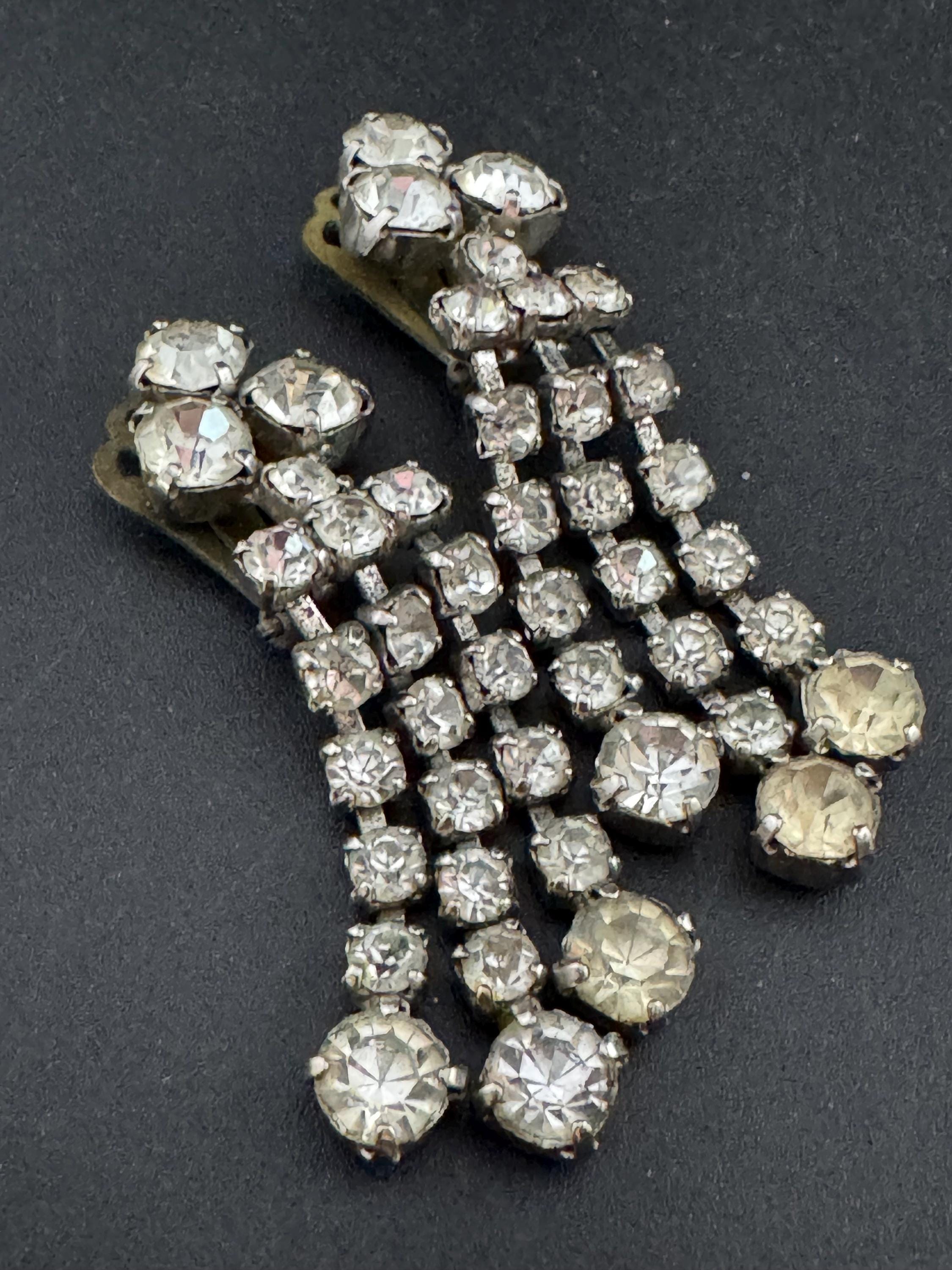 Vintage Clear Diamanté long 5.5cm Drop Paste rhinestone Clip On Earrings