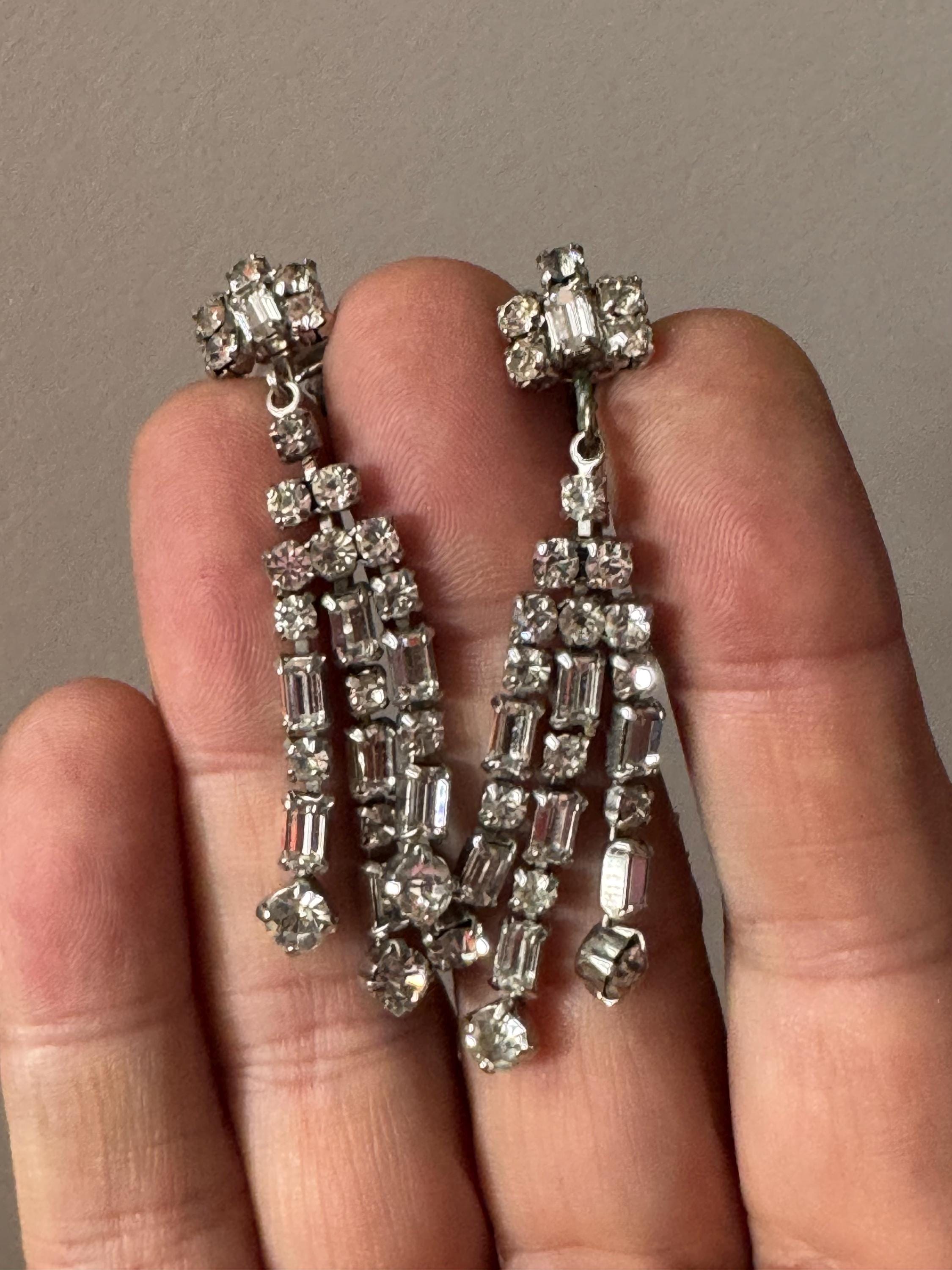 Vintage Clear Diamanté long 6cm Drop Paste rhinestone Clip On Earrings baguette crystal
