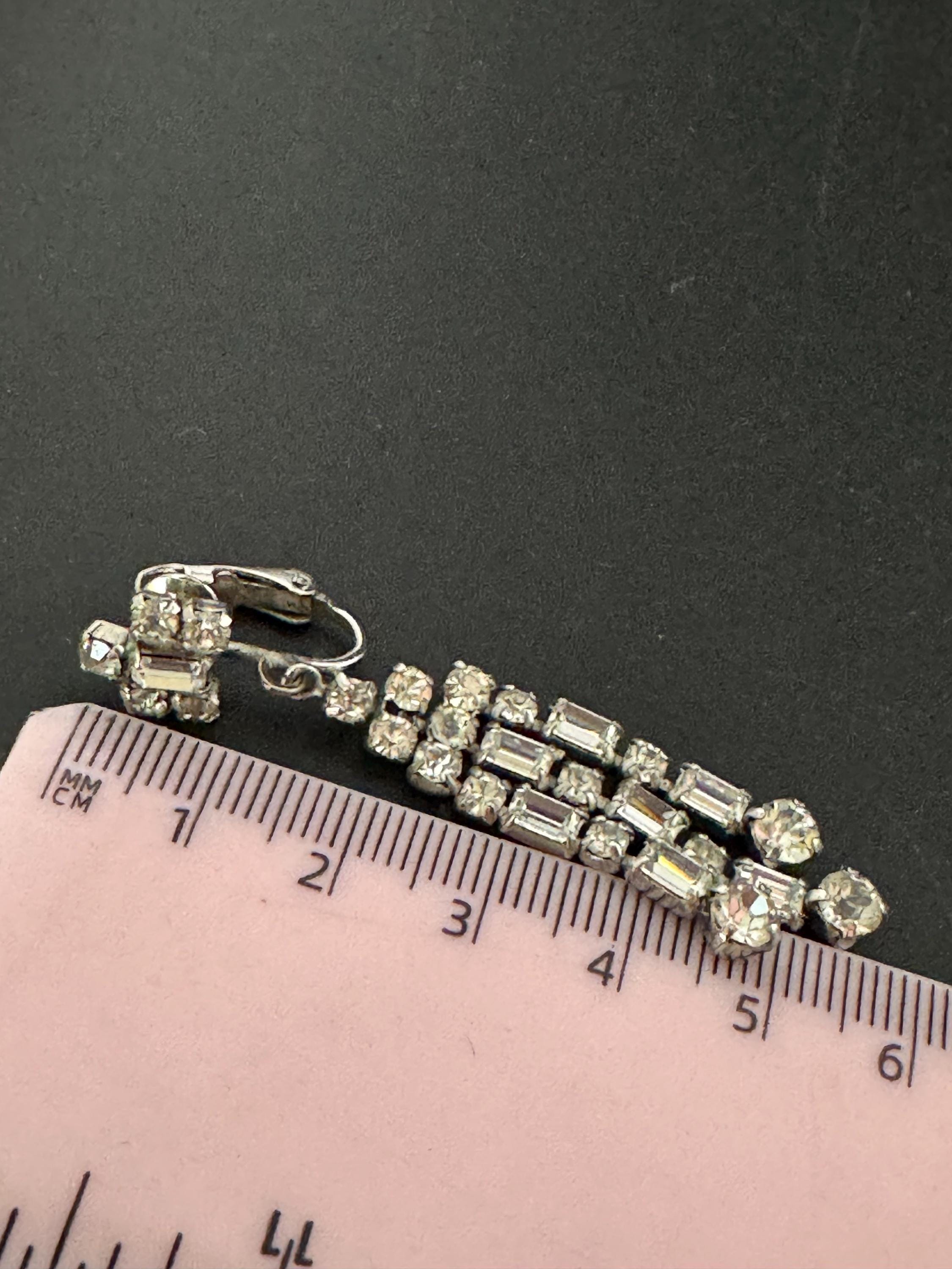 Vintage Clear Diamanté long 6cm Drop Paste rhinestone Clip On Earrings baguette crystal