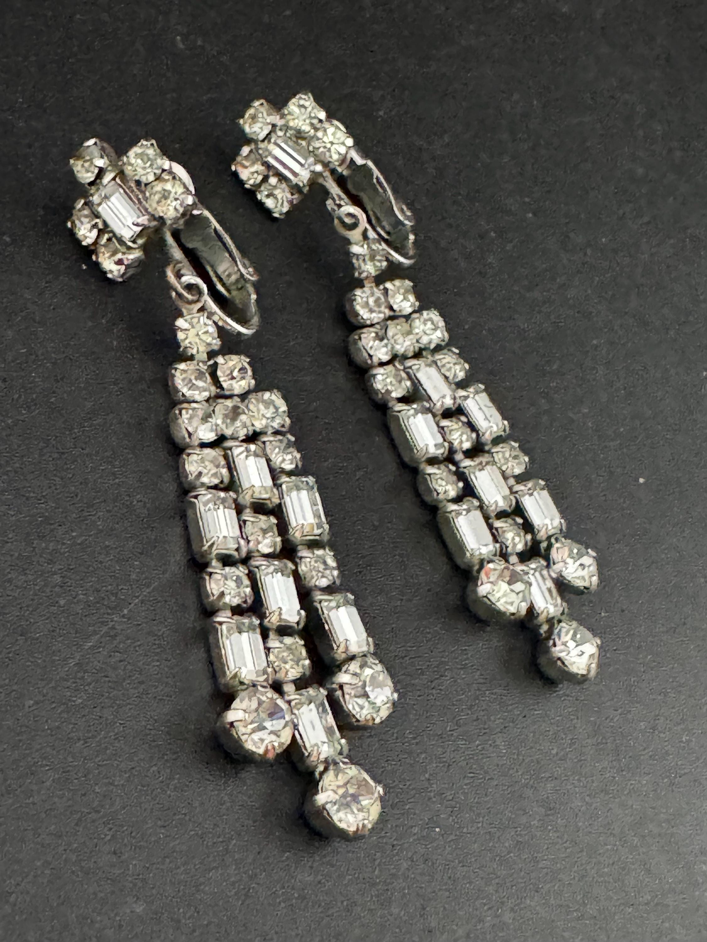Vintage Clear Diamanté long 6cm Drop Paste rhinestone Clip On Earrings baguette crystal