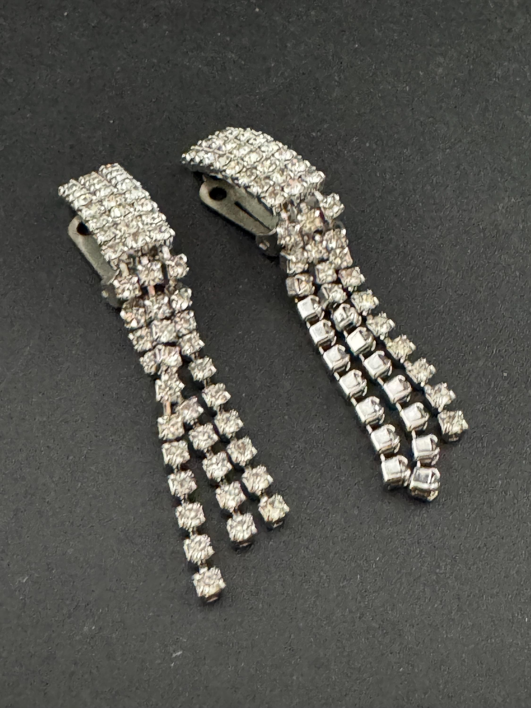 Vintage Clear Diamanté long 5.5cm Drop Paste rhinestone Clip On Earrings