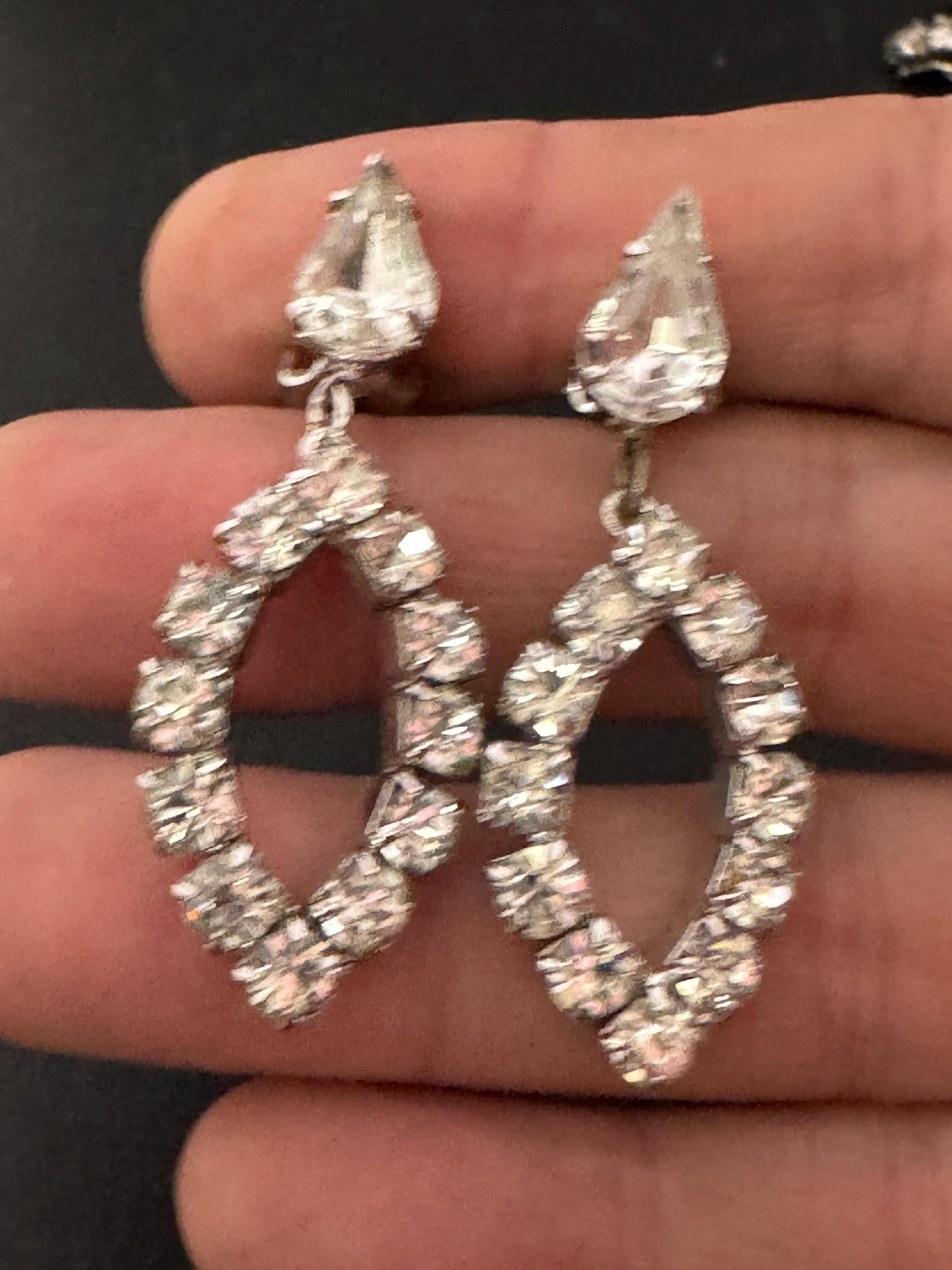 Vintage Clear Diamanté long 5cm Drop Paste rhinestone Clip On Earrings as found