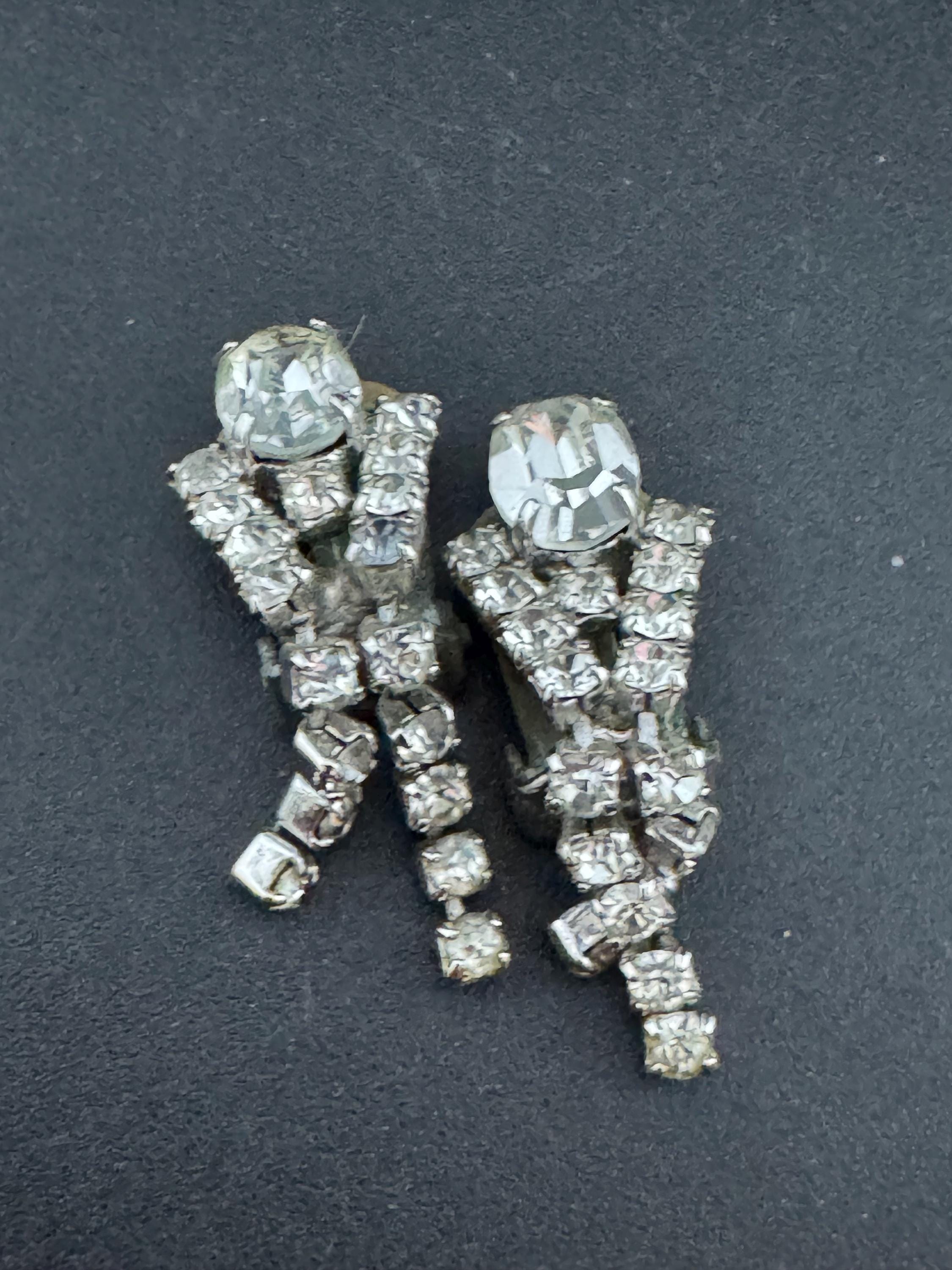 Vintage Clear Diamanté short 3.5cm Drop Paste rhinestone Clip On Earrings