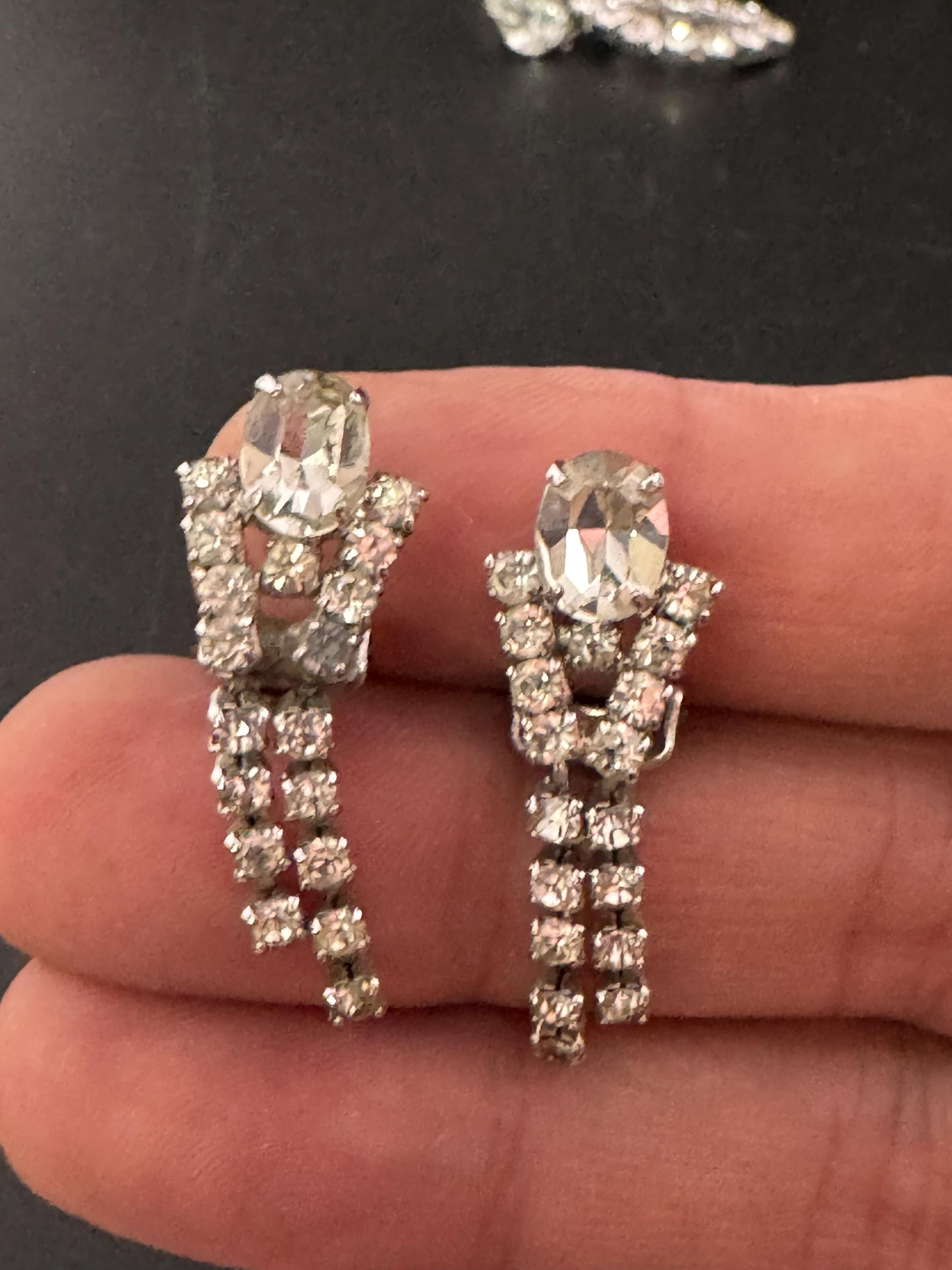 Vintage Clear Diamanté short 3.5cm Drop Paste rhinestone Clip On Earrings