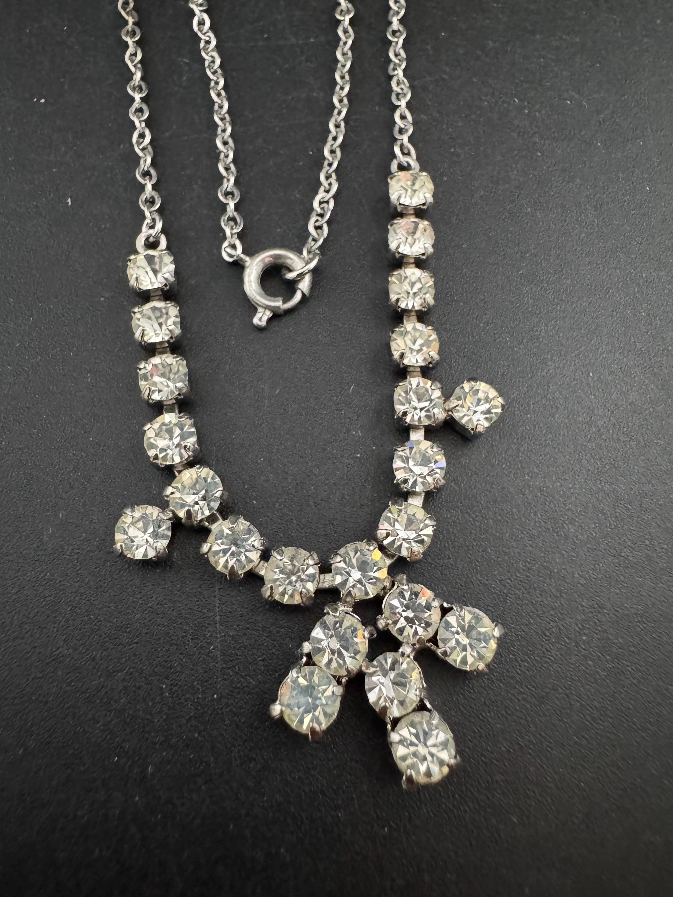 Dainty 39.5cm vintage clear diamanté rhinestone crystal silver tone choker necklace mid century