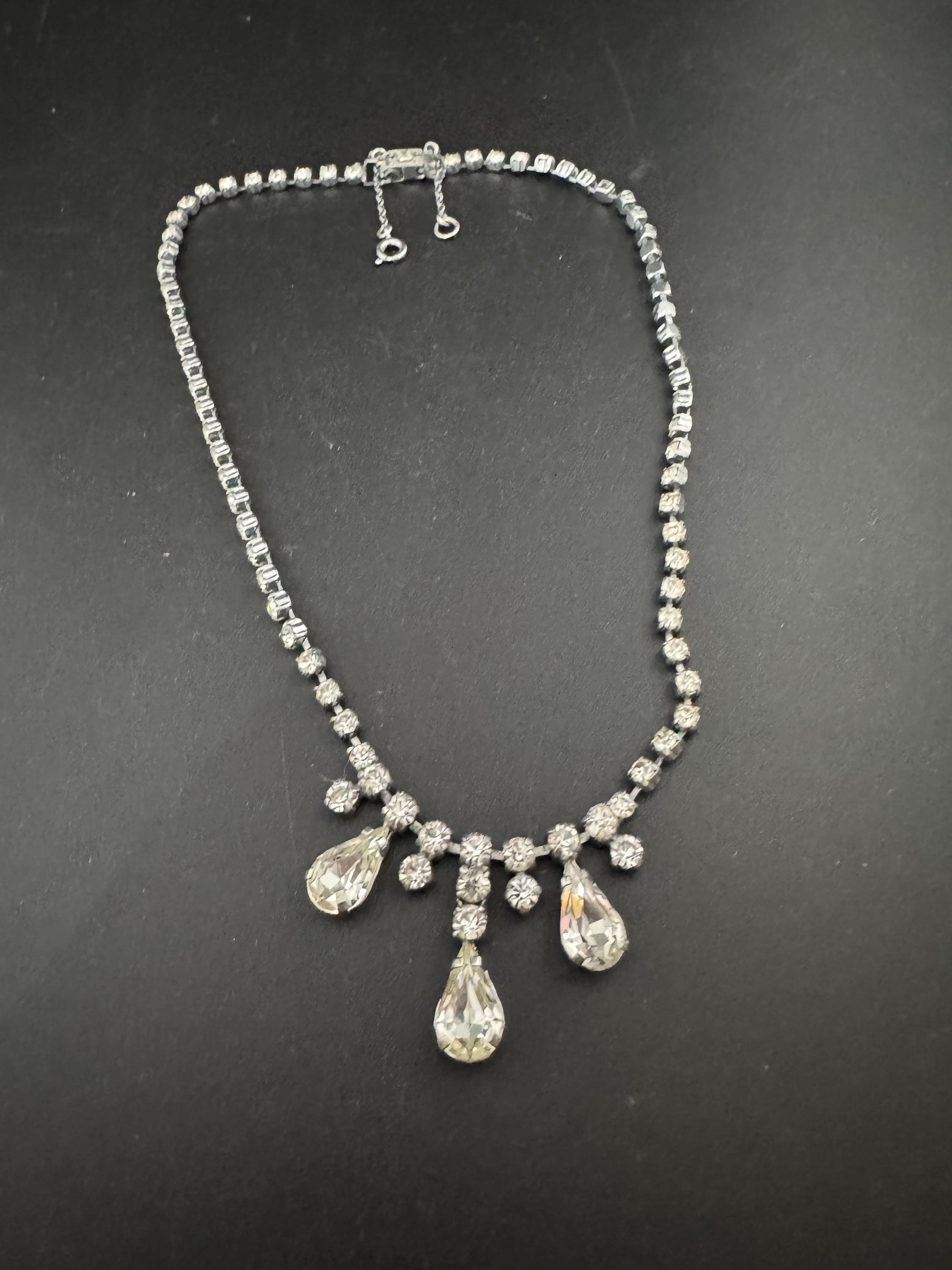 40cm vintage clear diamanté rhinestone crystal silver tone drop choker necklace mid century