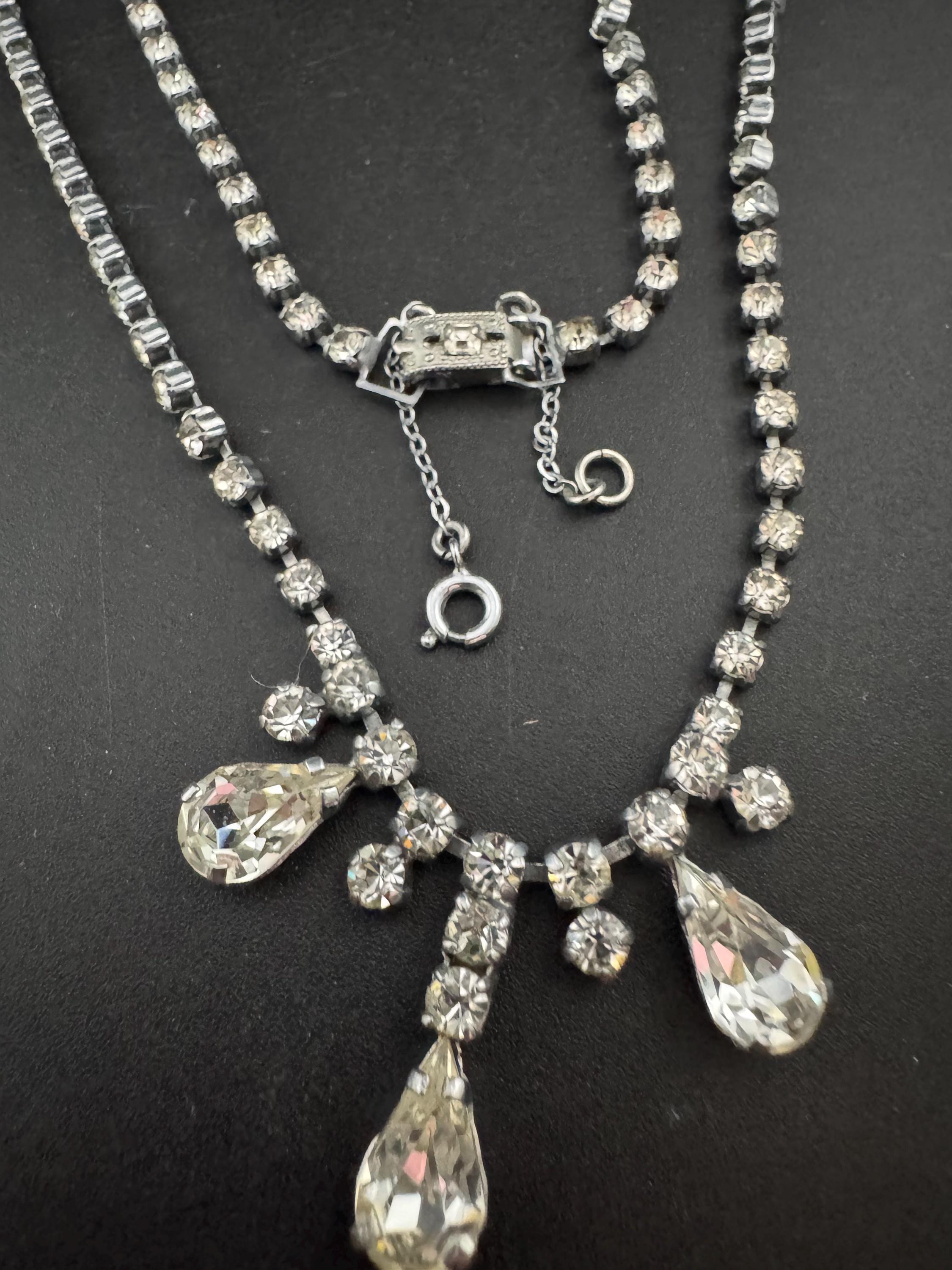 40cm vintage clear diamanté rhinestone crystal silver tone drop choker necklace mid century