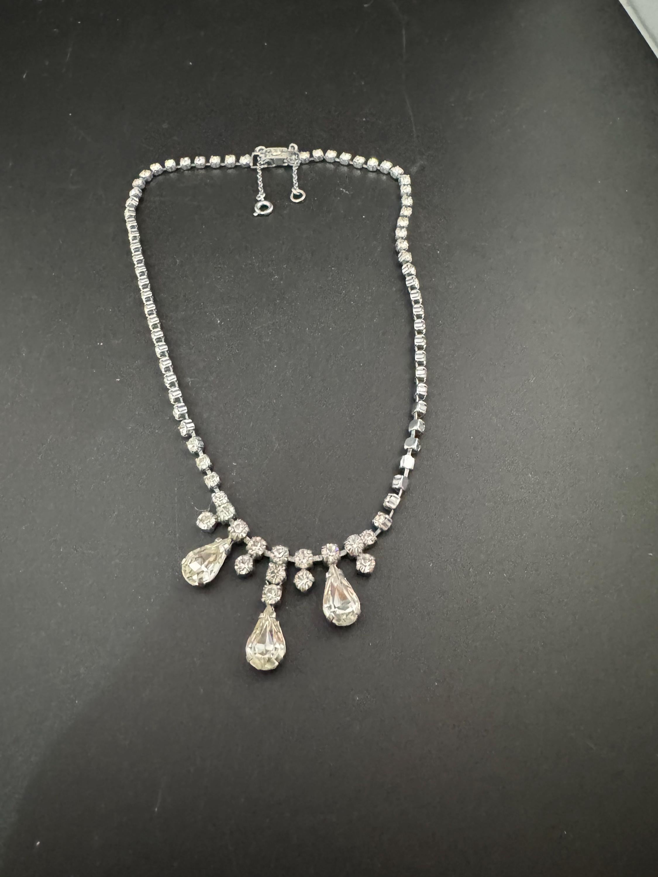 40cm vintage clear diamanté rhinestone crystal silver tone drop choker necklace mid century