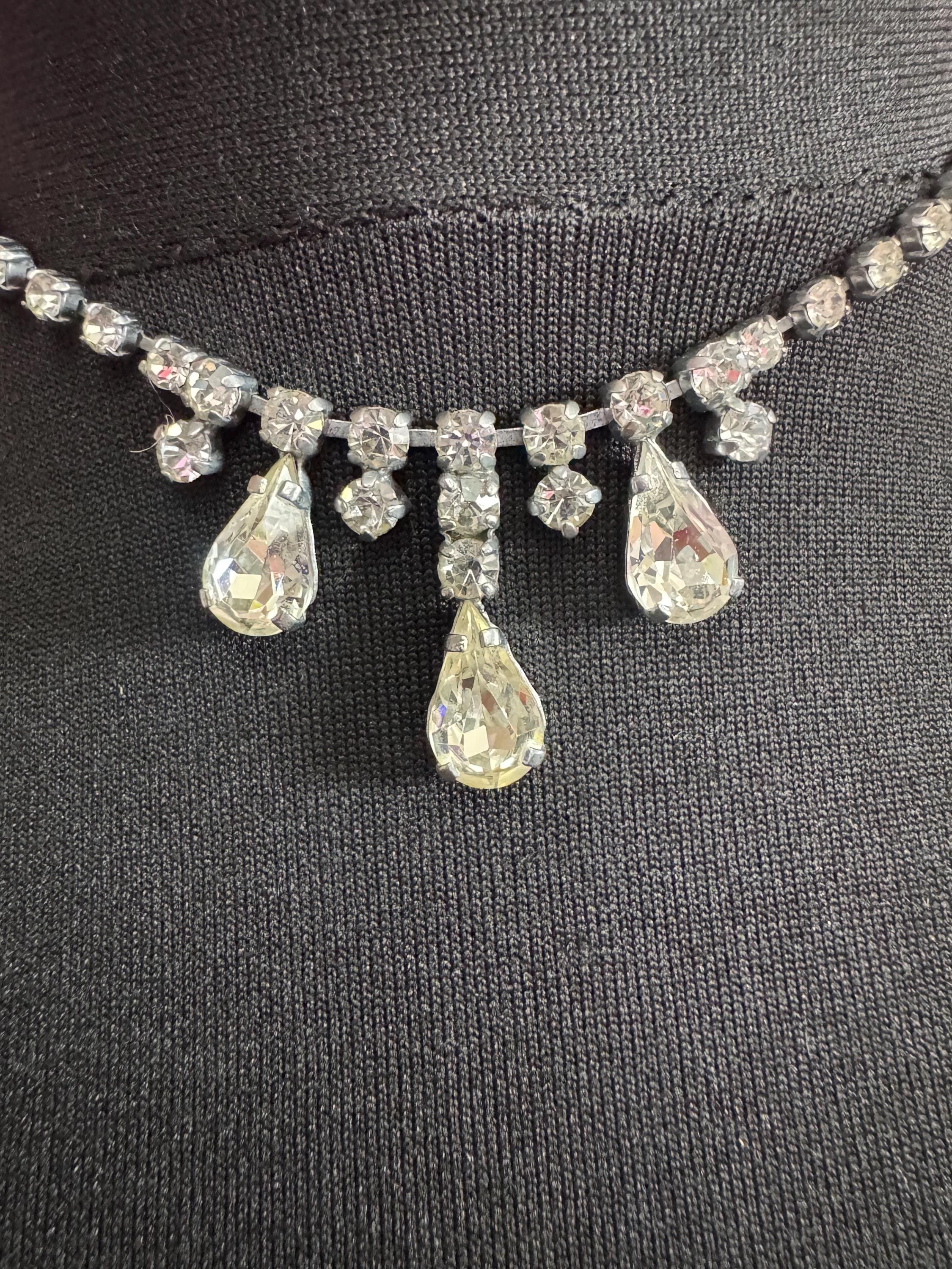 40cm vintage clear diamanté rhinestone crystal silver tone drop choker necklace mid century