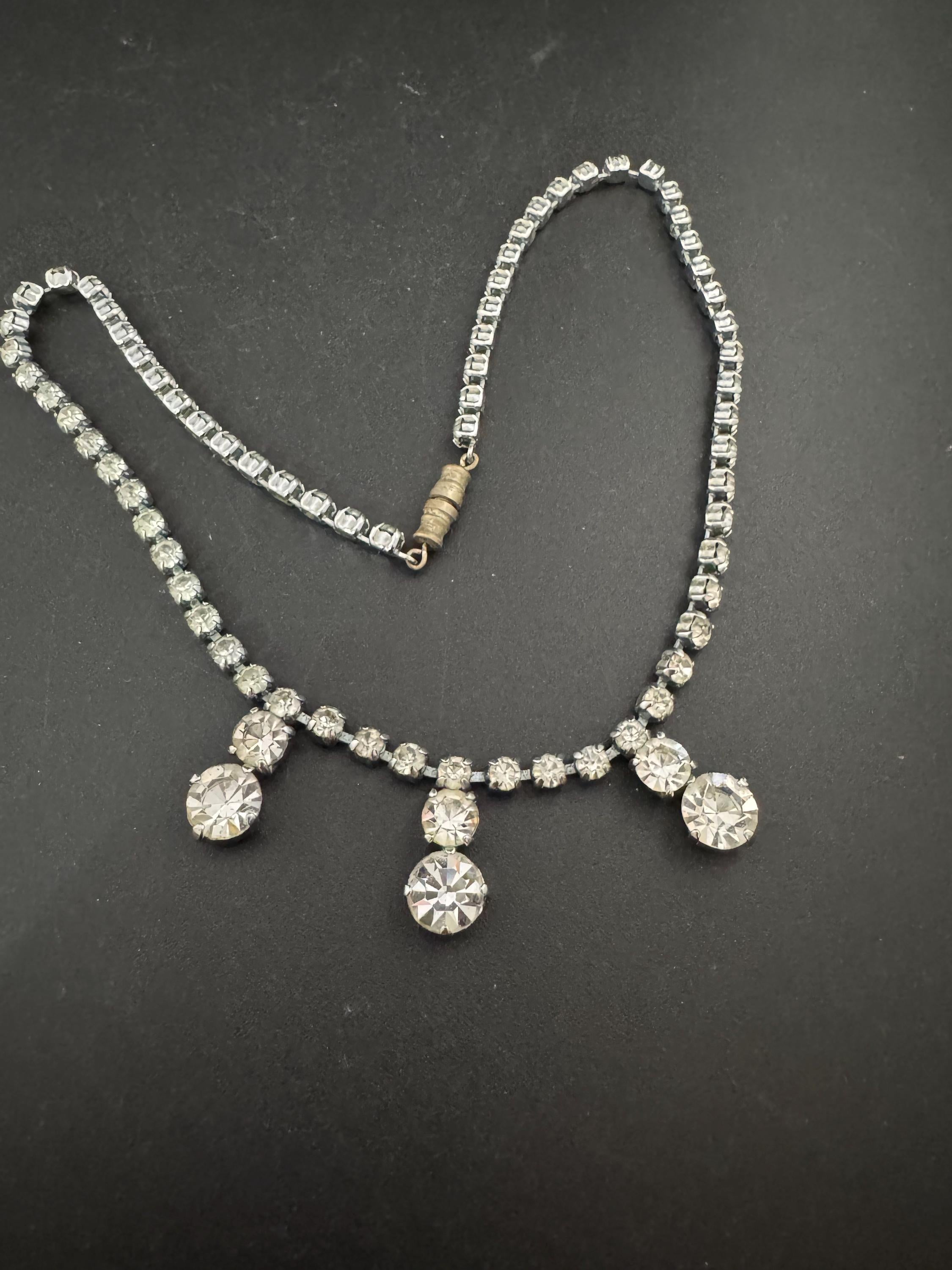 41cm vintage clear diamanté rhinestone crystal silver tone drop choker necklace mid century
