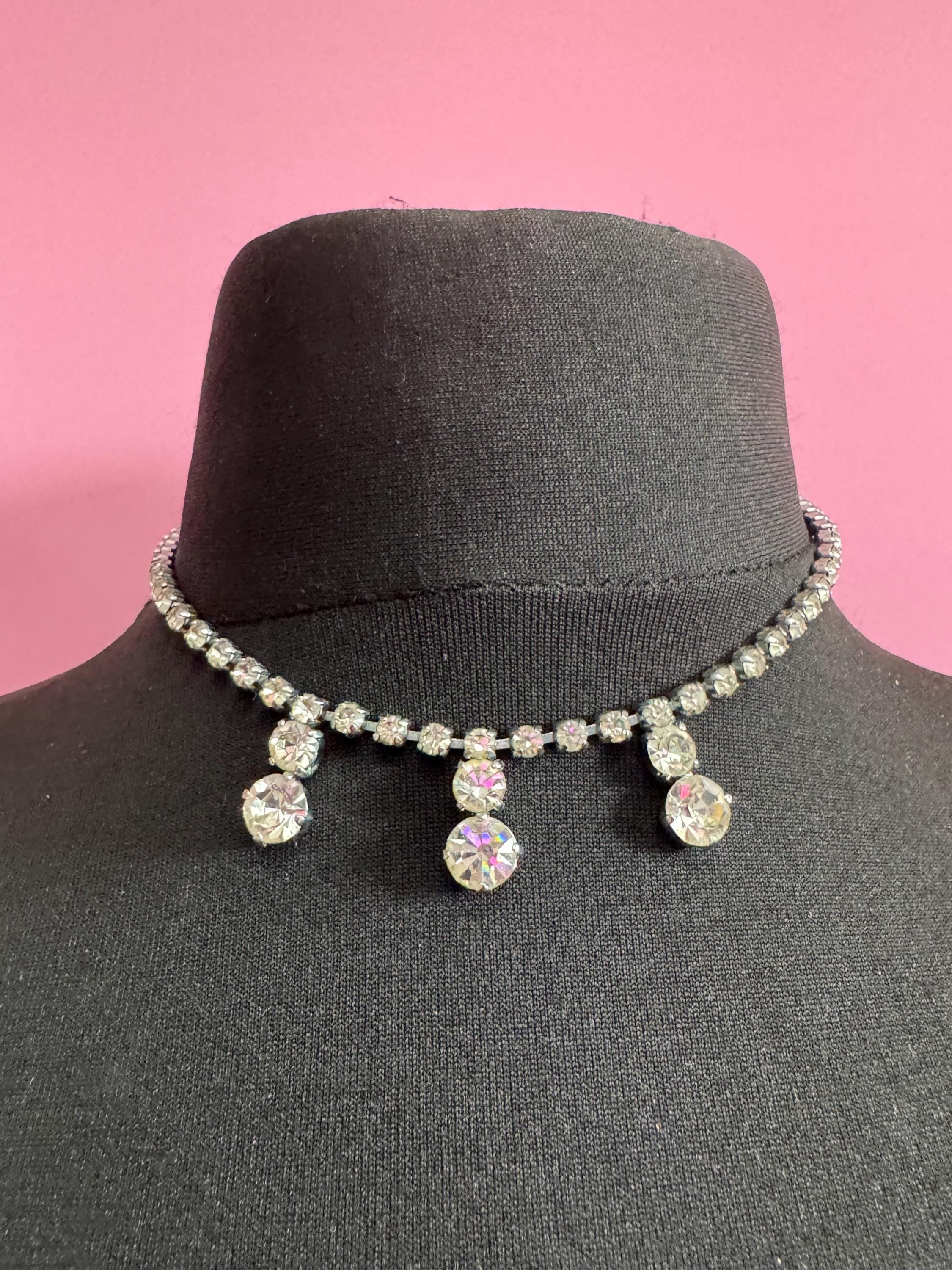 41cm vintage clear diamanté rhinestone crystal silver tone drop choker necklace mid century