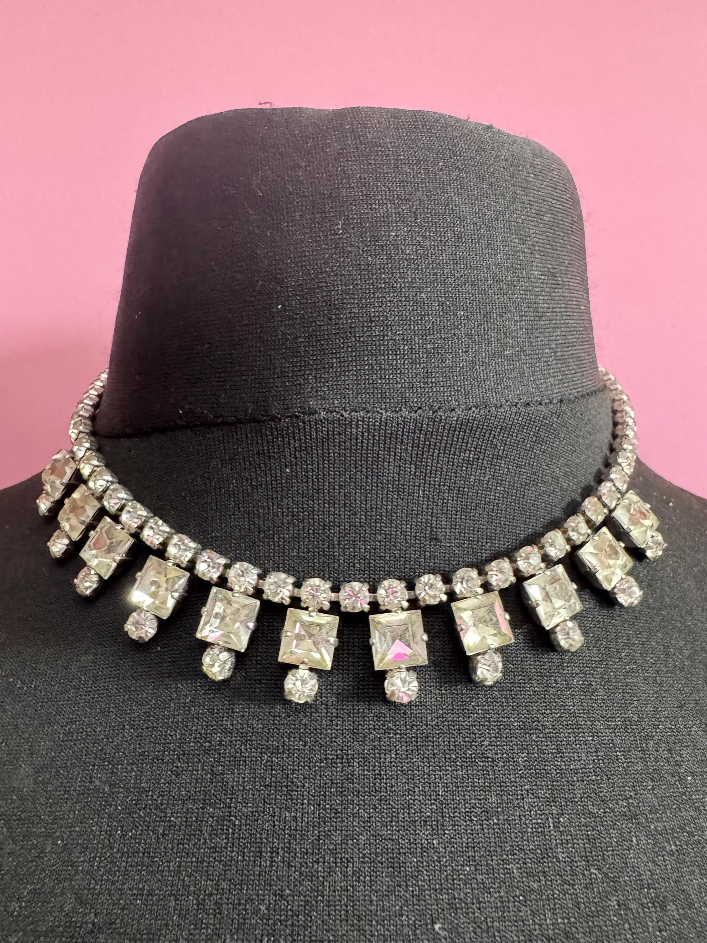 41cm vintage clear diamanté rhinestone crystal silver tone drop choker necklace mid century