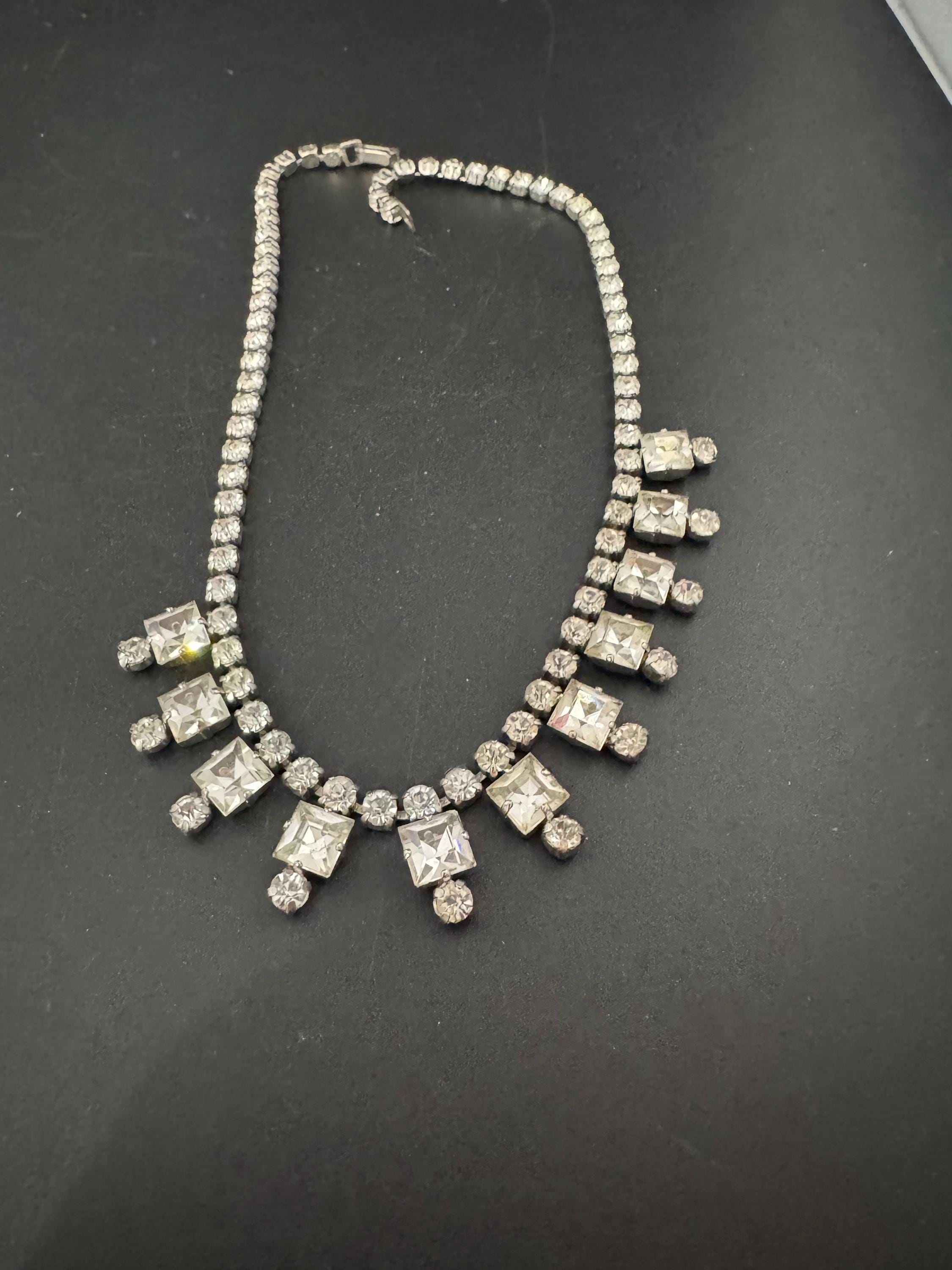 41cm vintage clear diamanté rhinestone crystal silver tone drop choker necklace mid century