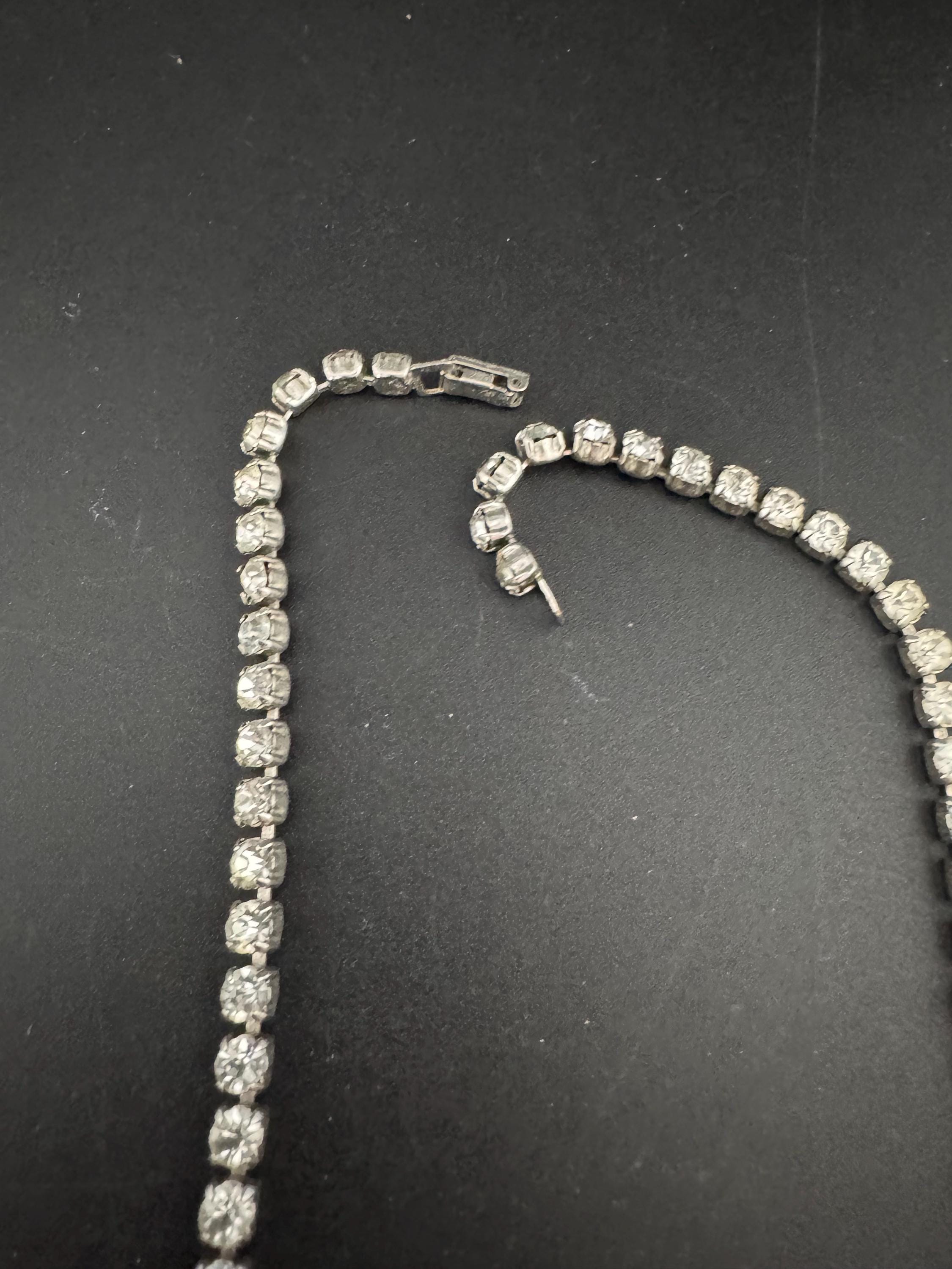 41cm vintage clear diamanté rhinestone crystal silver tone drop choker necklace mid century