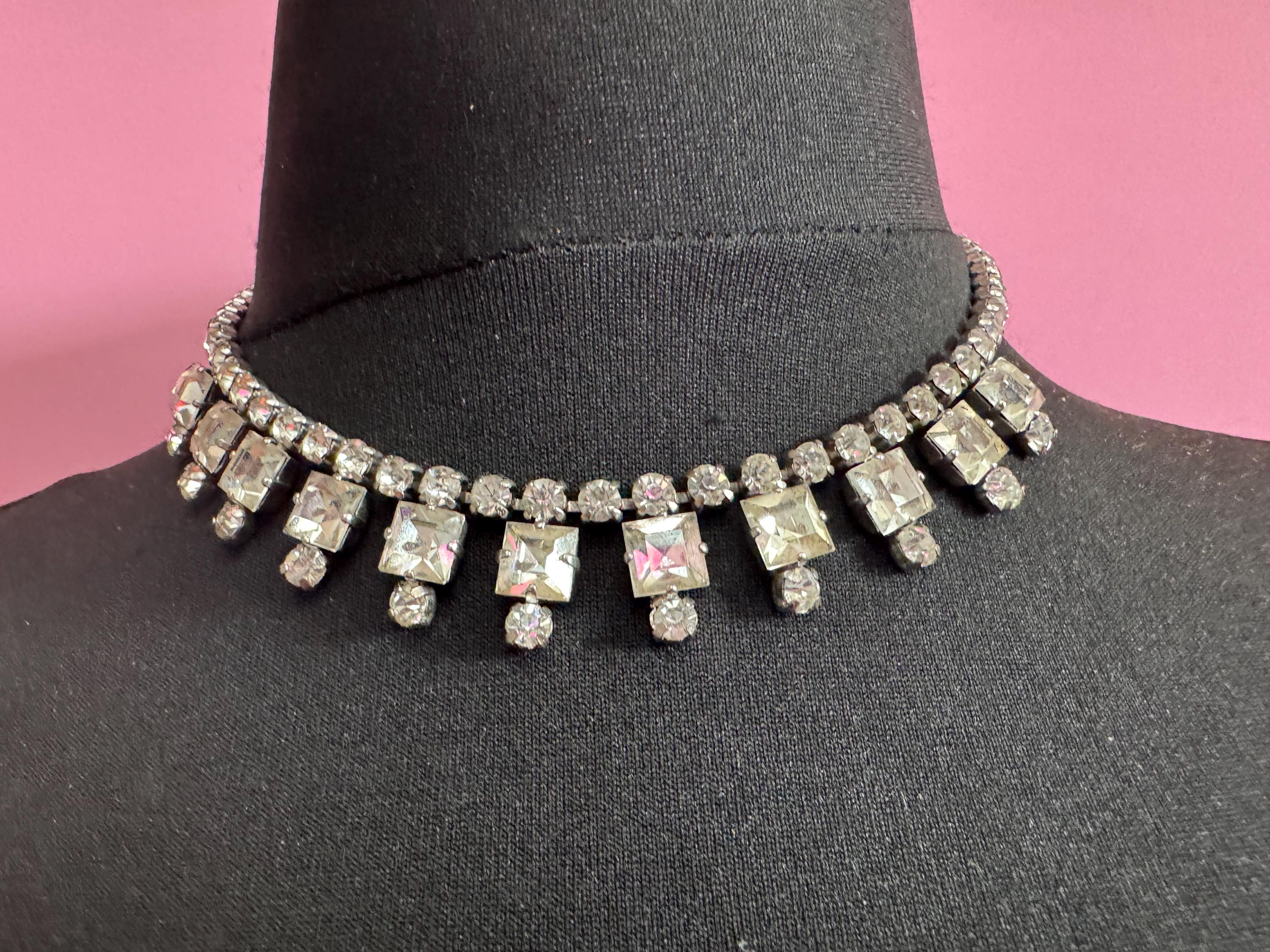 41cm vintage clear diamanté rhinestone crystal silver tone drop choker necklace mid century