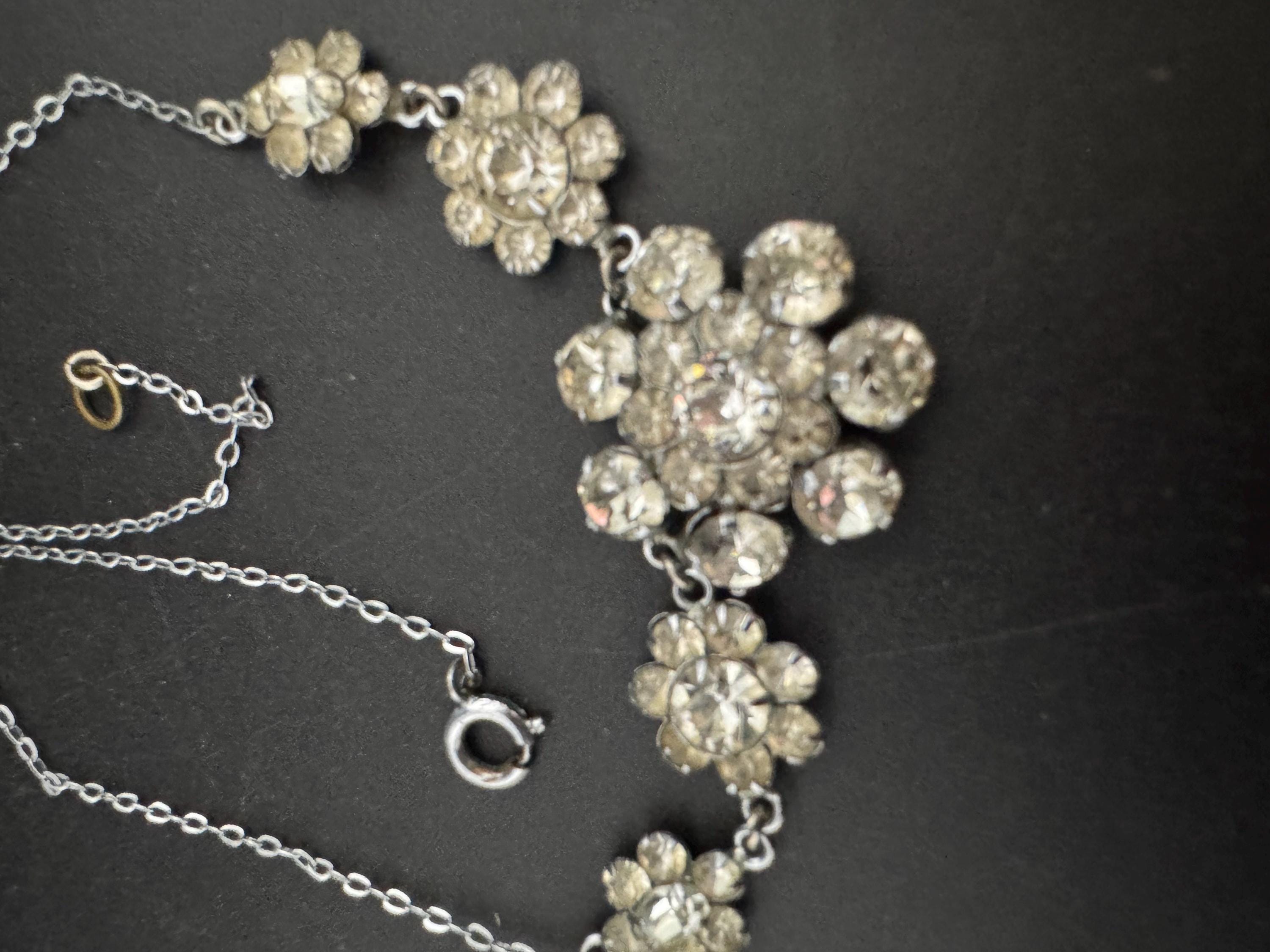42cm vintage clear diamanté rhinestone crystal silver tone cable chain drop choker necklace mid century