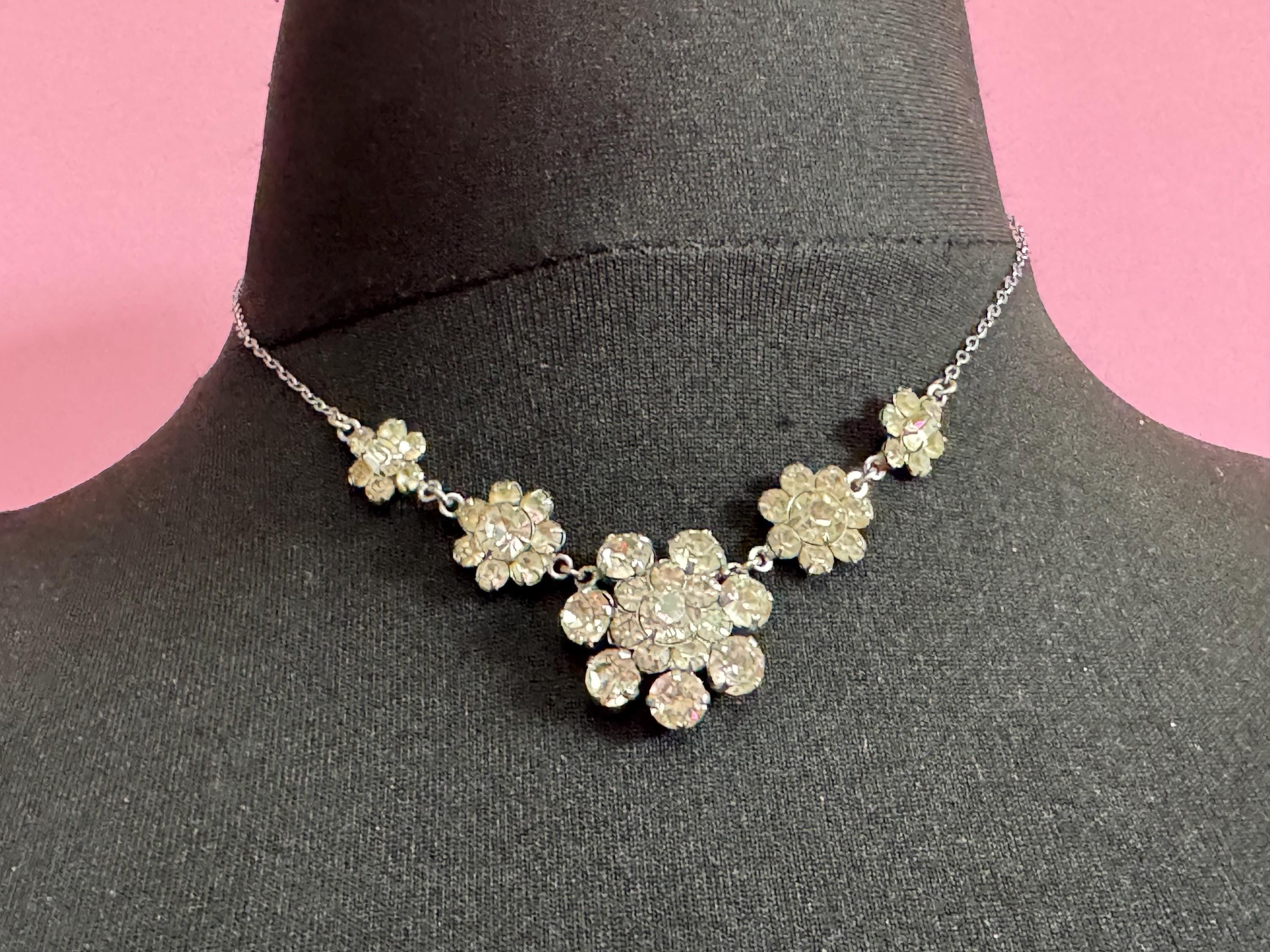 42cm vintage clear diamanté rhinestone crystal silver tone cable chain drop choker necklace mid century
