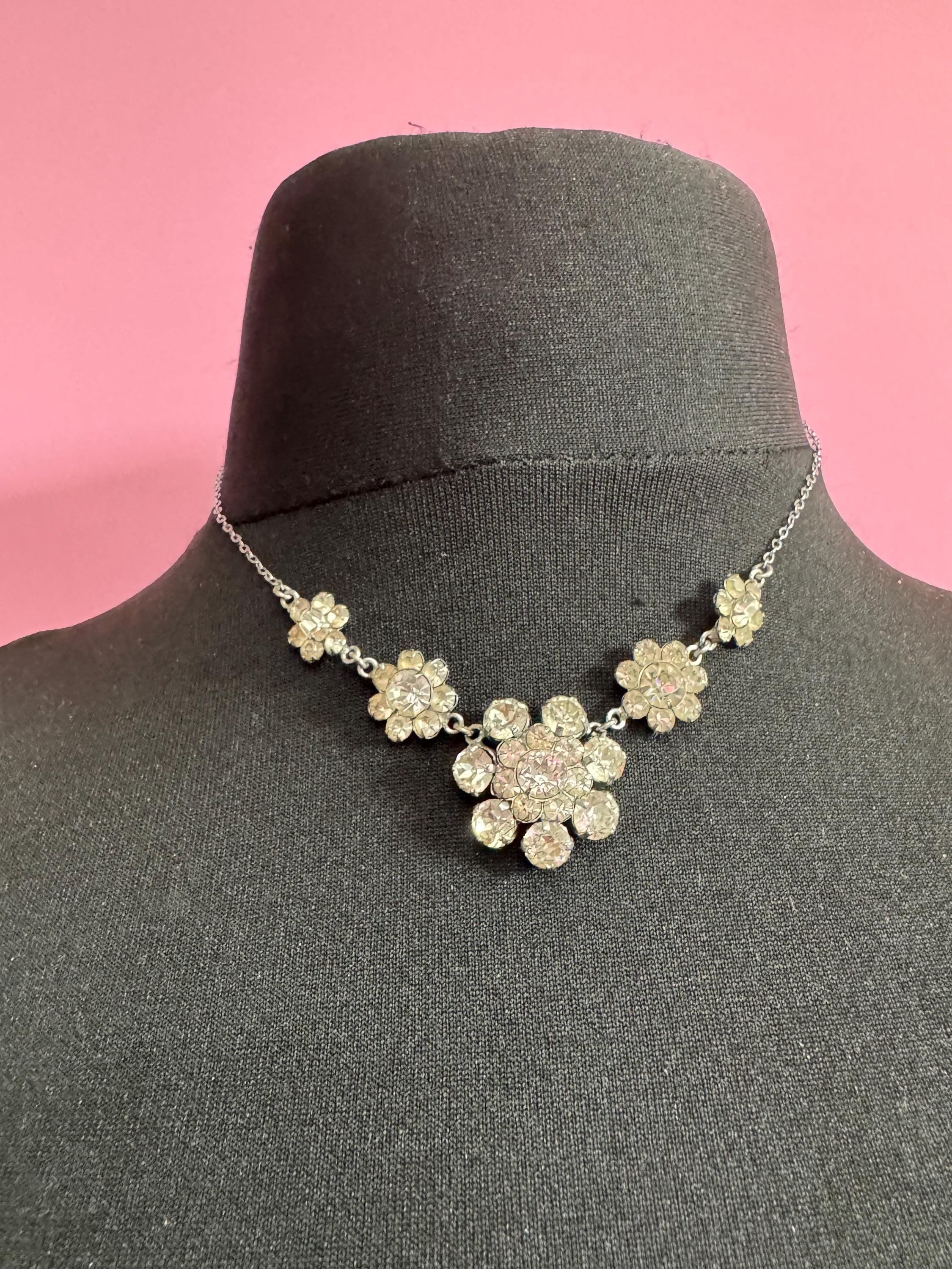 42cm vintage clear diamanté rhinestone crystal silver tone cable chain drop choker necklace mid century