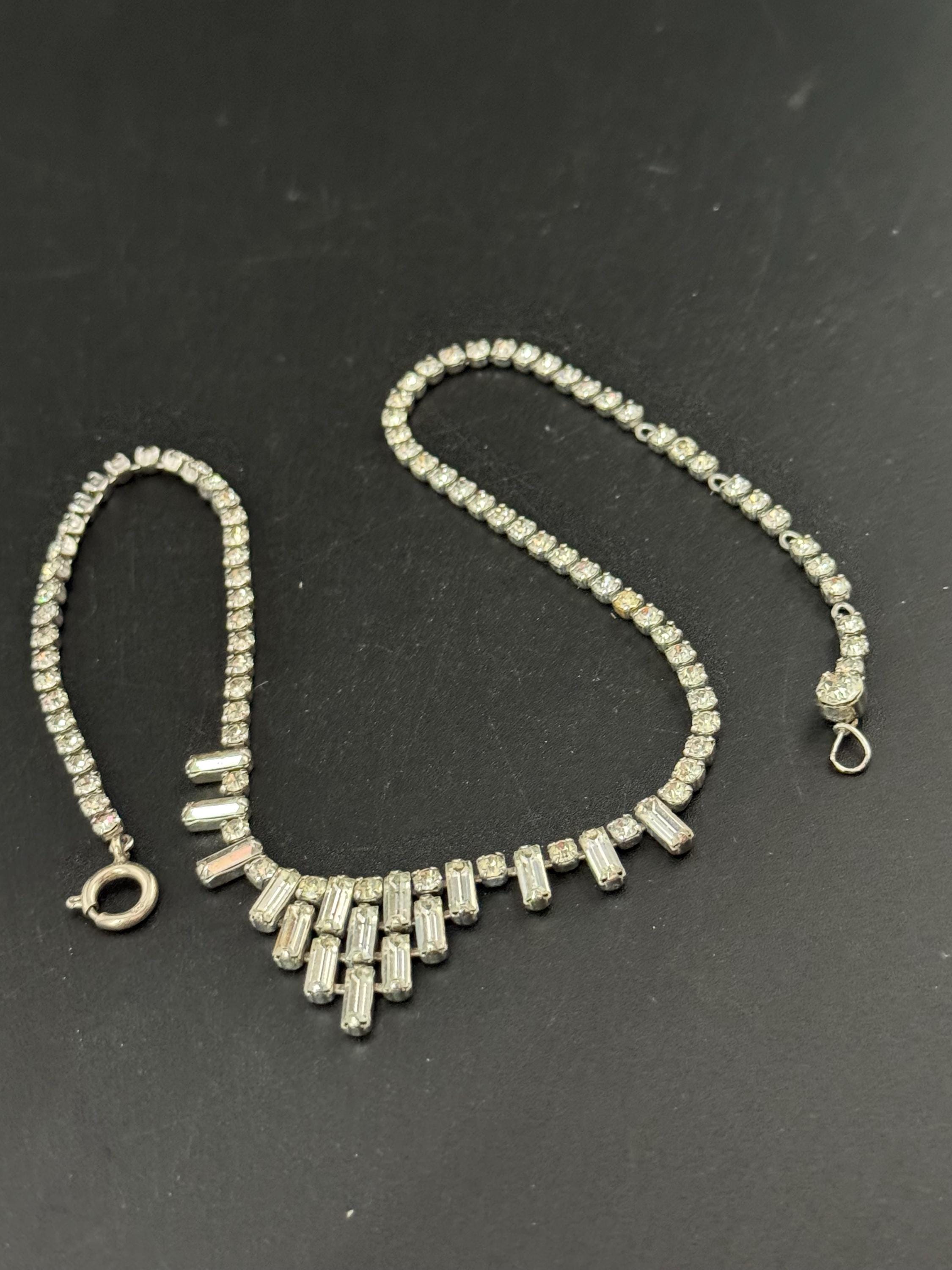 42cm vintage clear diamanté rhinestone baguette crystal silver tone drop choker necklace mid century