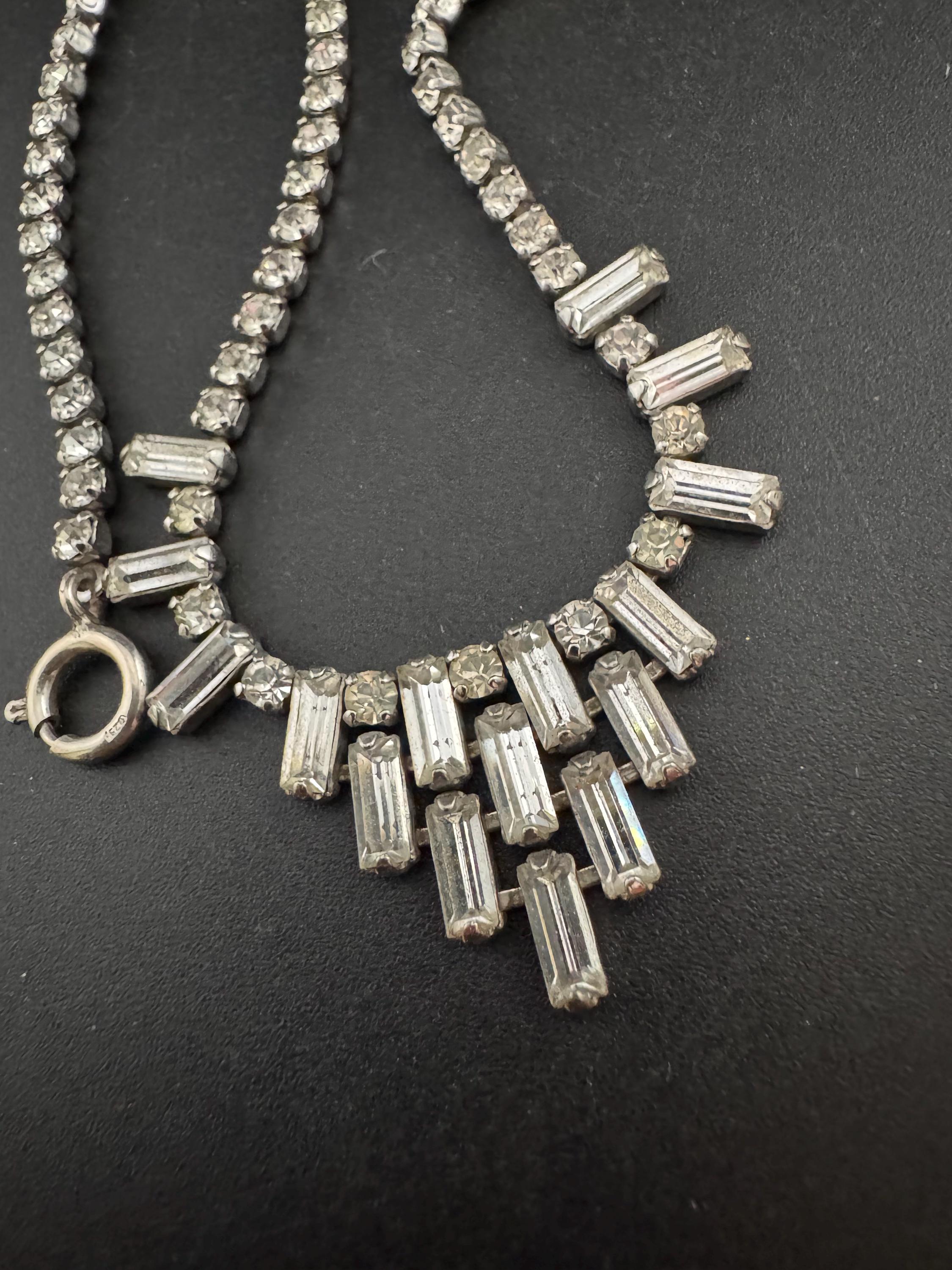 42cm vintage clear diamanté rhinestone baguette crystal silver tone drop choker necklace mid century