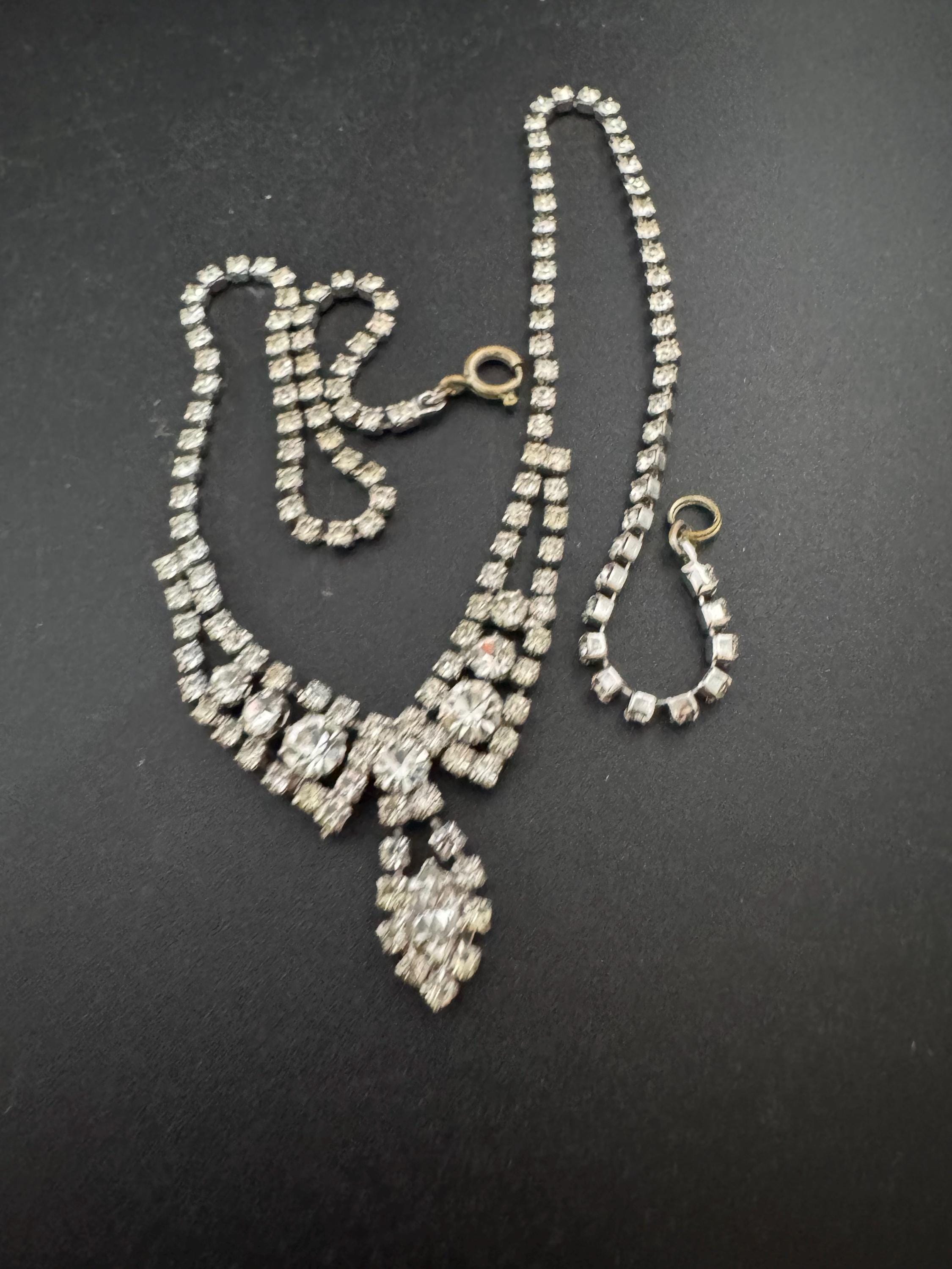43cm vintage clear diamanté rhinestone crystal silver tone drop choker necklace mid century
