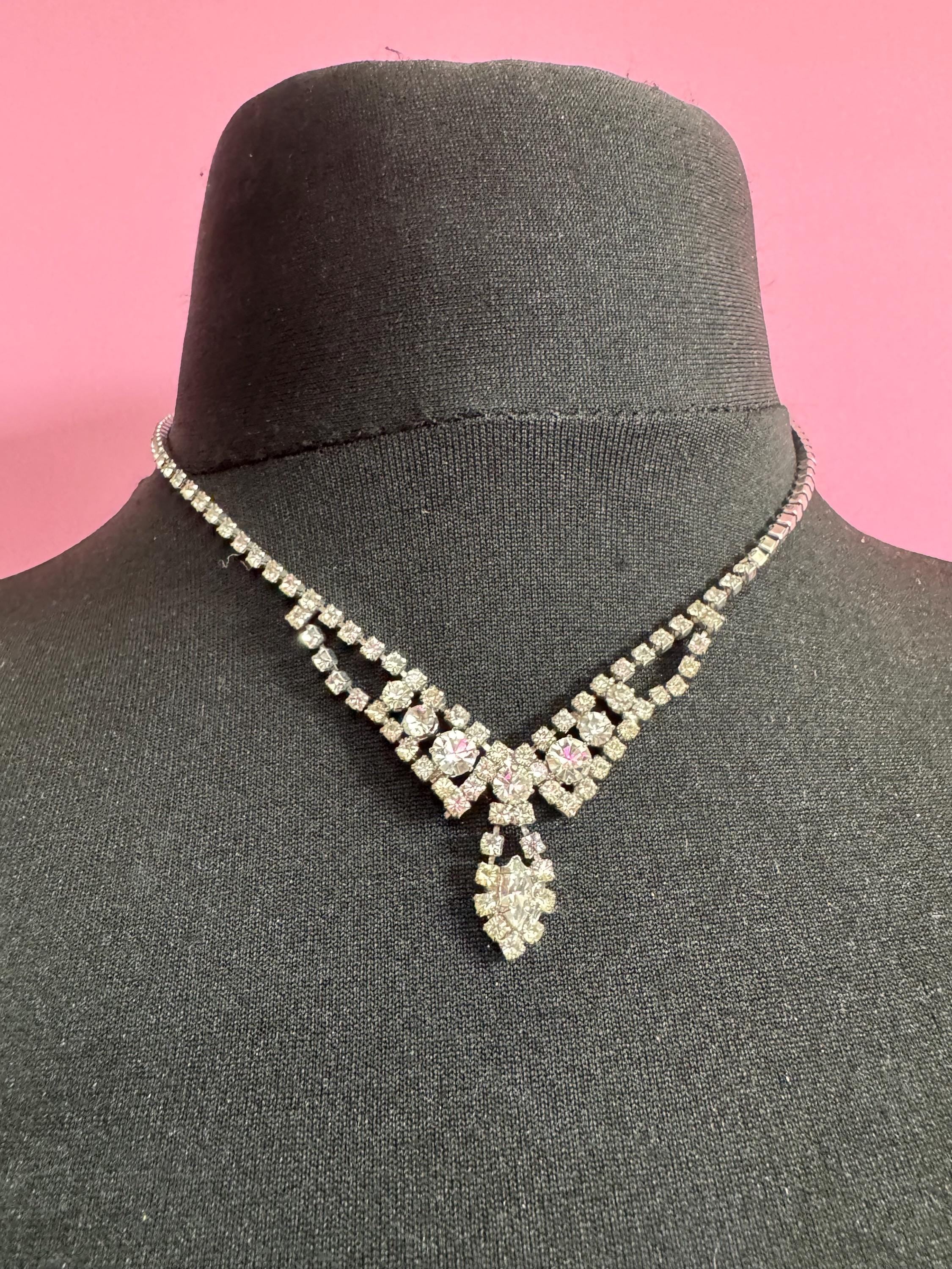 43cm vintage clear diamanté rhinestone crystal silver tone drop choker necklace mid century