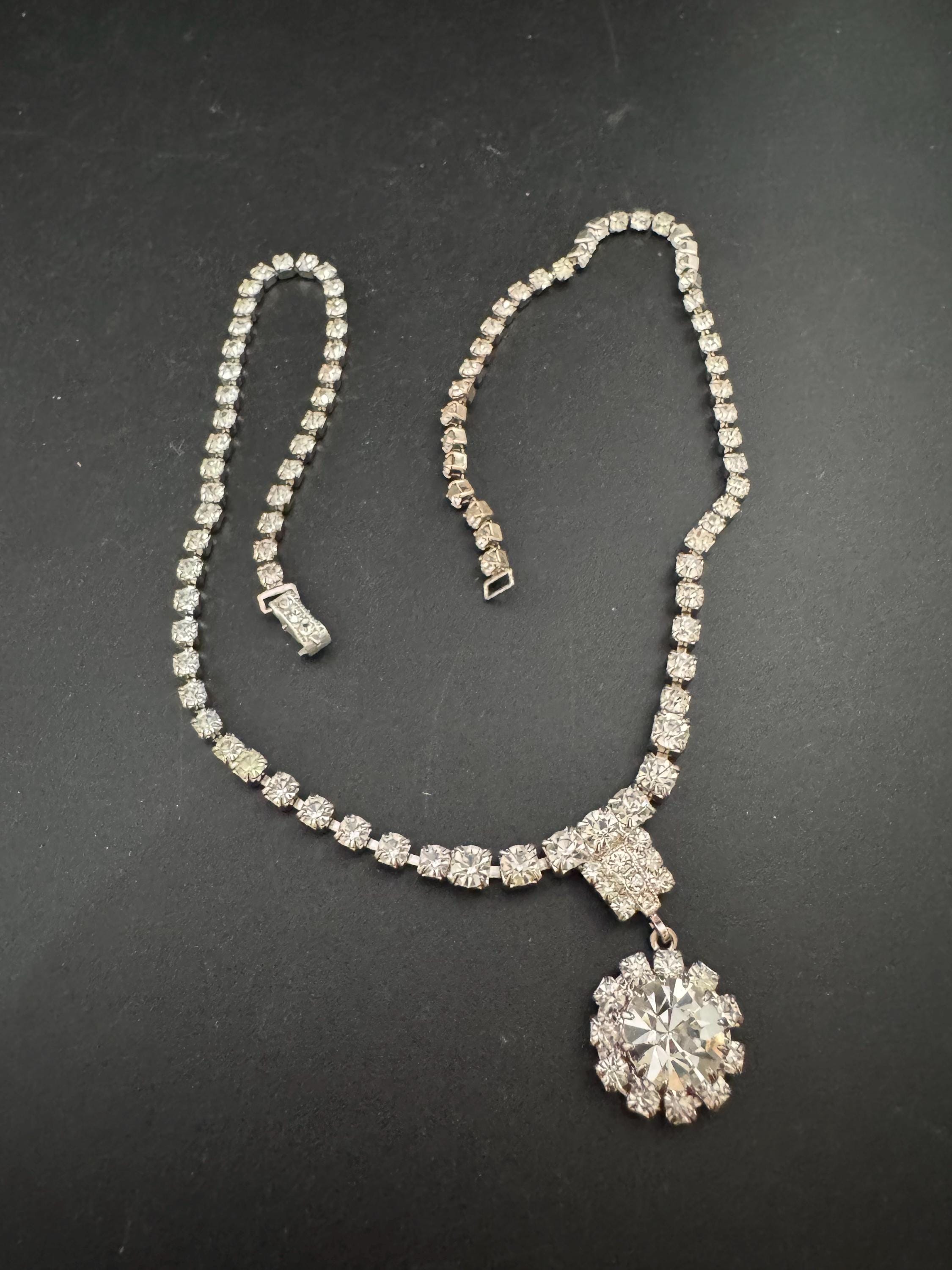 45cm vintage clear diamanté rhinestone crystal silver tone drop choker necklace mid century