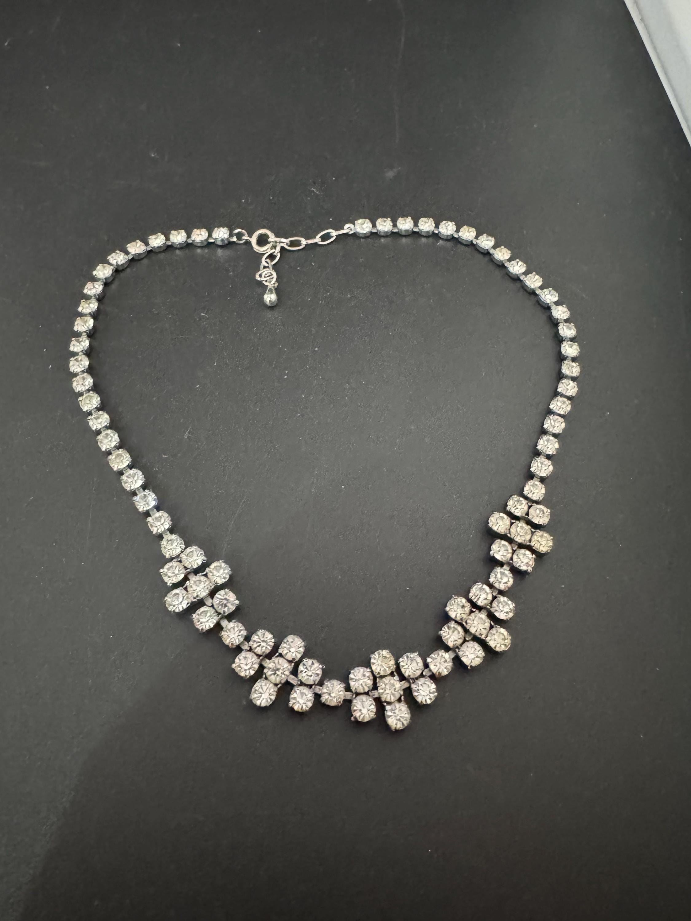 40-45cm vintage clear diamanté rhinestone crystal silver tone choker necklace mid century