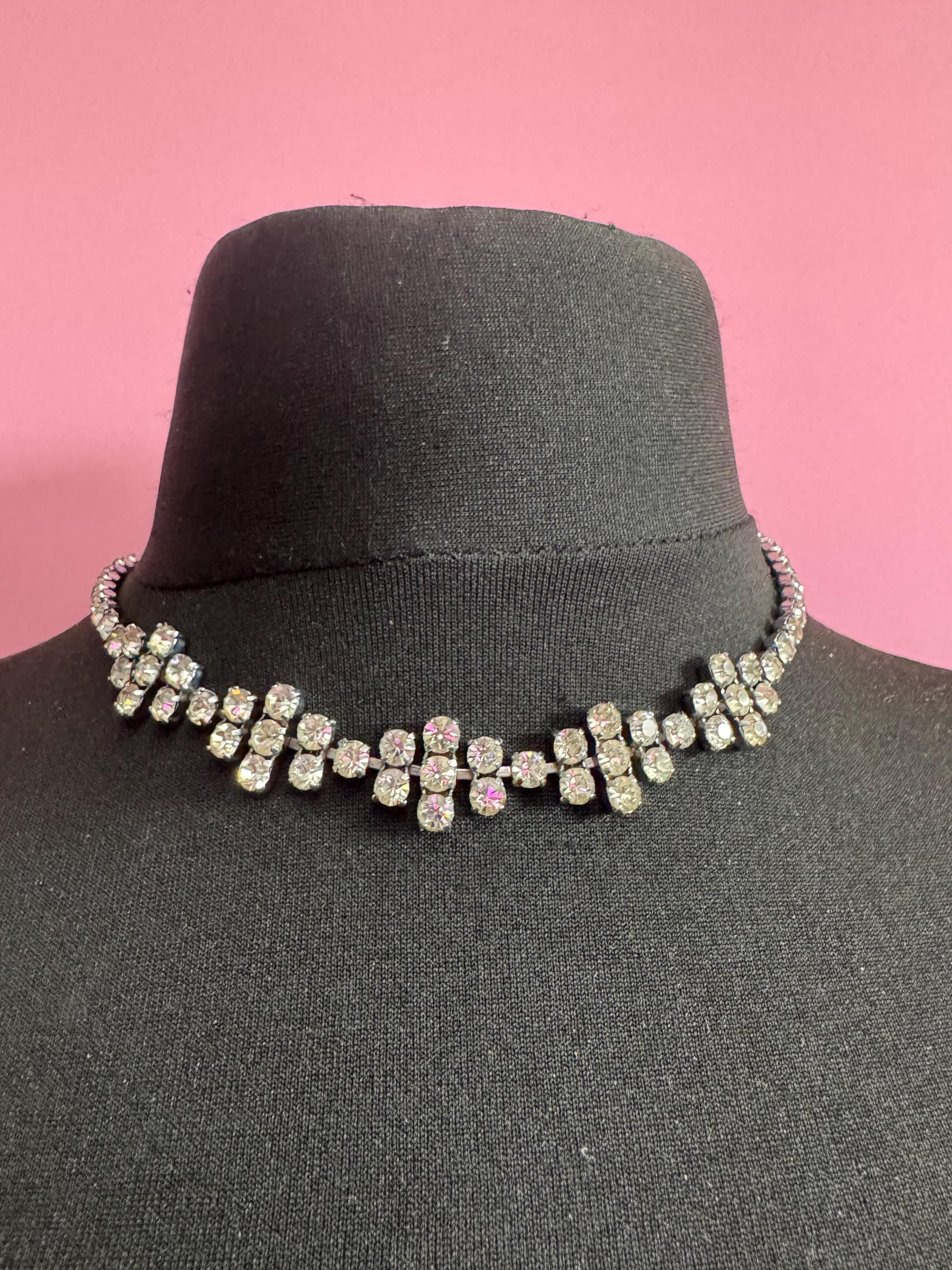 40-45cm vintage clear diamanté rhinestone crystal silver tone choker necklace mid century