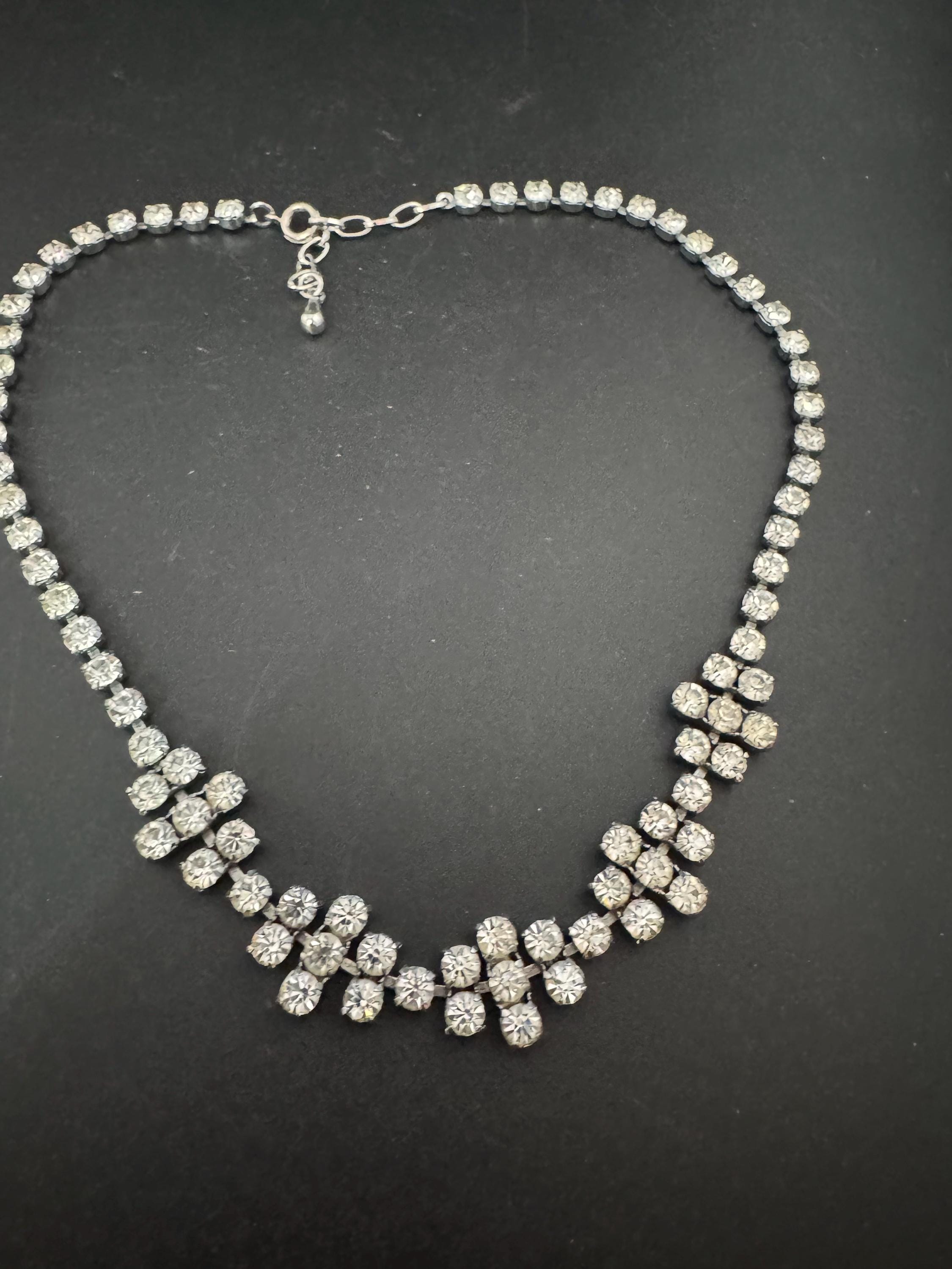40-45cm vintage clear diamanté rhinestone crystal silver tone choker necklace mid century